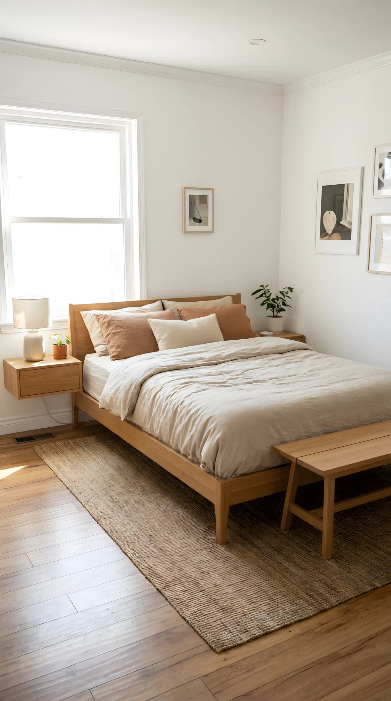 Real-life photograph of a Japandi style low platform bed with a slim wood frame and no footboard, neatly made with organic cotton bedding, beautifully arranged room with minimal furniture, organized and clean layout, bright natural light from a large window, vibrant natural wood tones, no people.