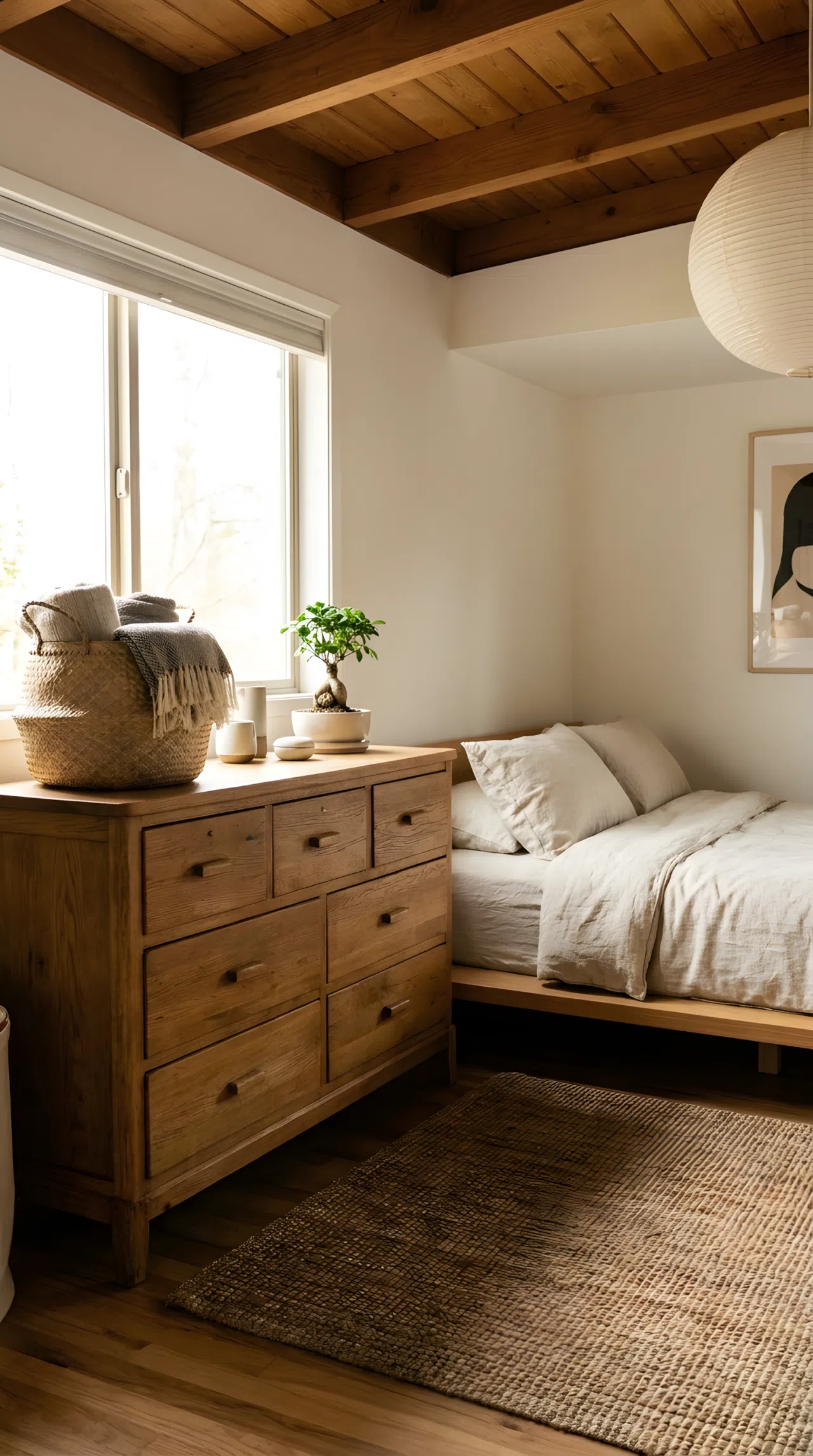 Real-life photograph of a Japandi style bedroom featuring a restored secondhand wood dresser beside a neatly made bed, beautifully arranged decor with a woven basket and small plant, organized and clean surfaces, bright natural light, vibrant warm wood tones, no people.