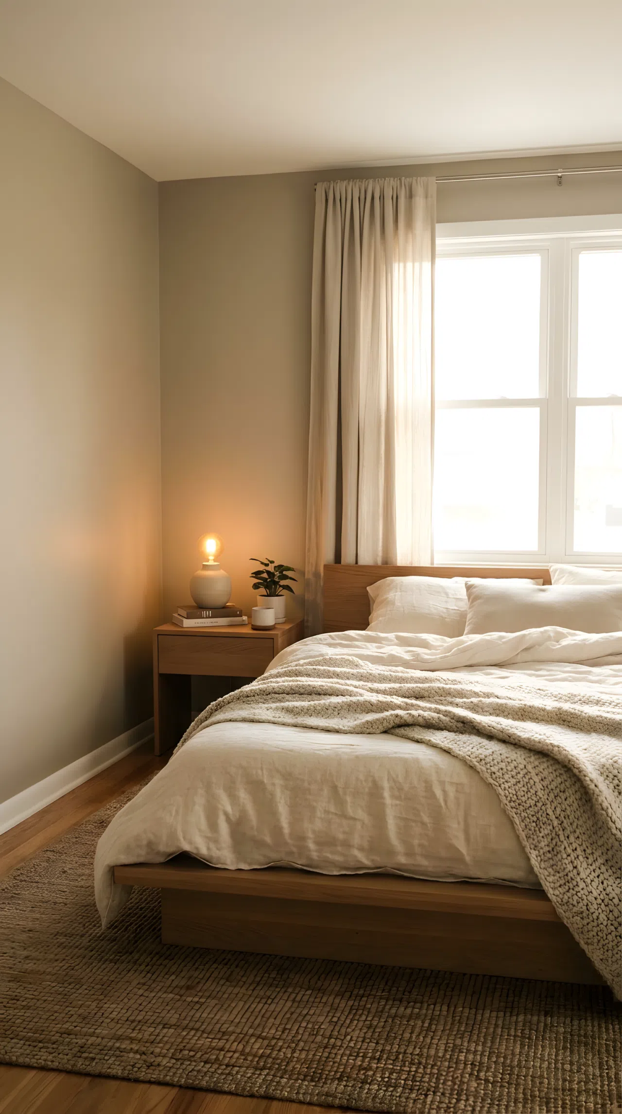 Real-life photograph of a Japandi style bedroom with warm greige walls (RGB 196, 182, 165), a neatly made bed with cream linen bedding and soft brown wood accents, beautifully arranged nightstand, organized and clean space, bright natural light, vibrant warm tones, no people.