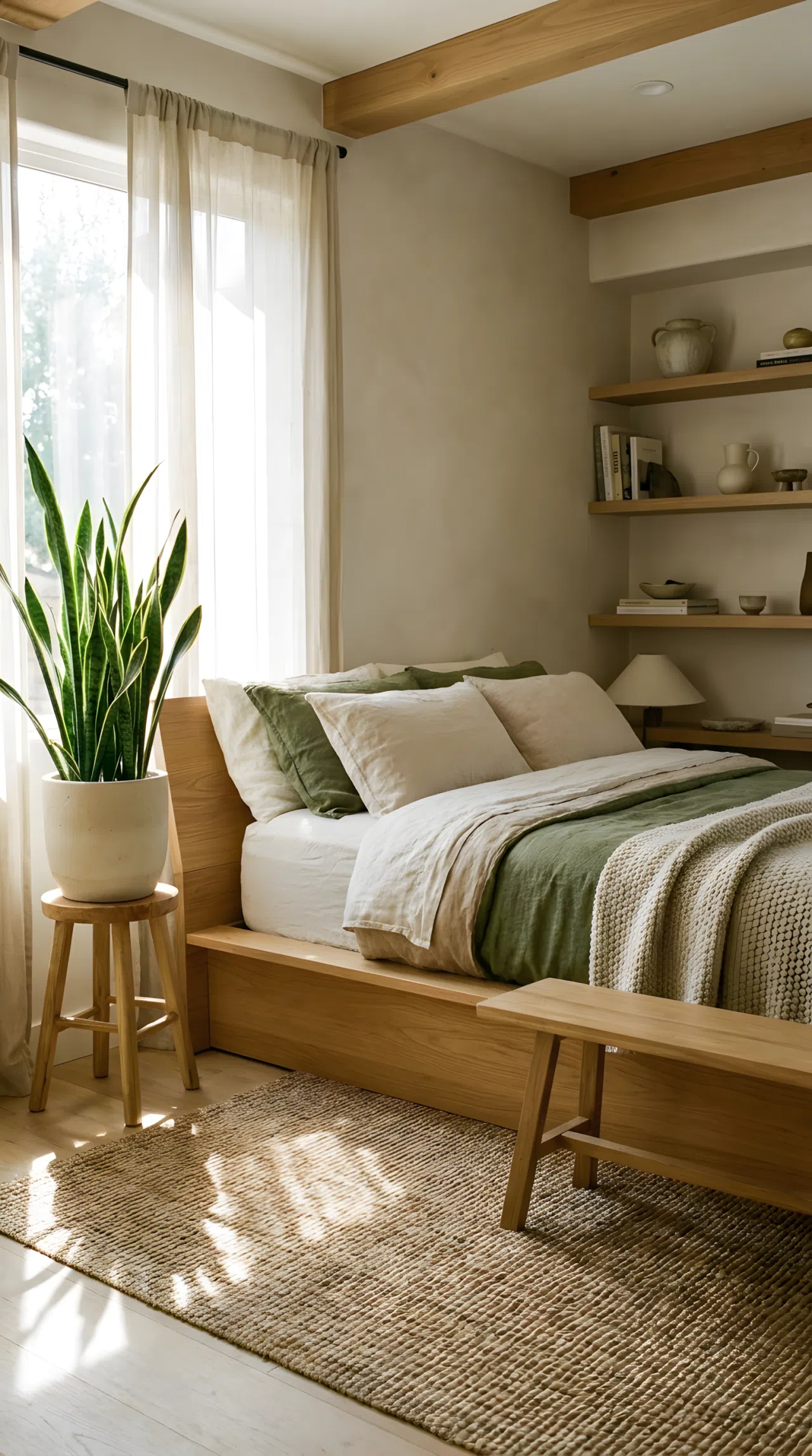 Real-life photograph of a Japandi style bedroom with a neatly made low wood bed, a snake plant in a simple ceramic pot placed near a sunny window, beautifully arranged and organized space, clean natural textures, bright natural light, vibrant green accents, no people.