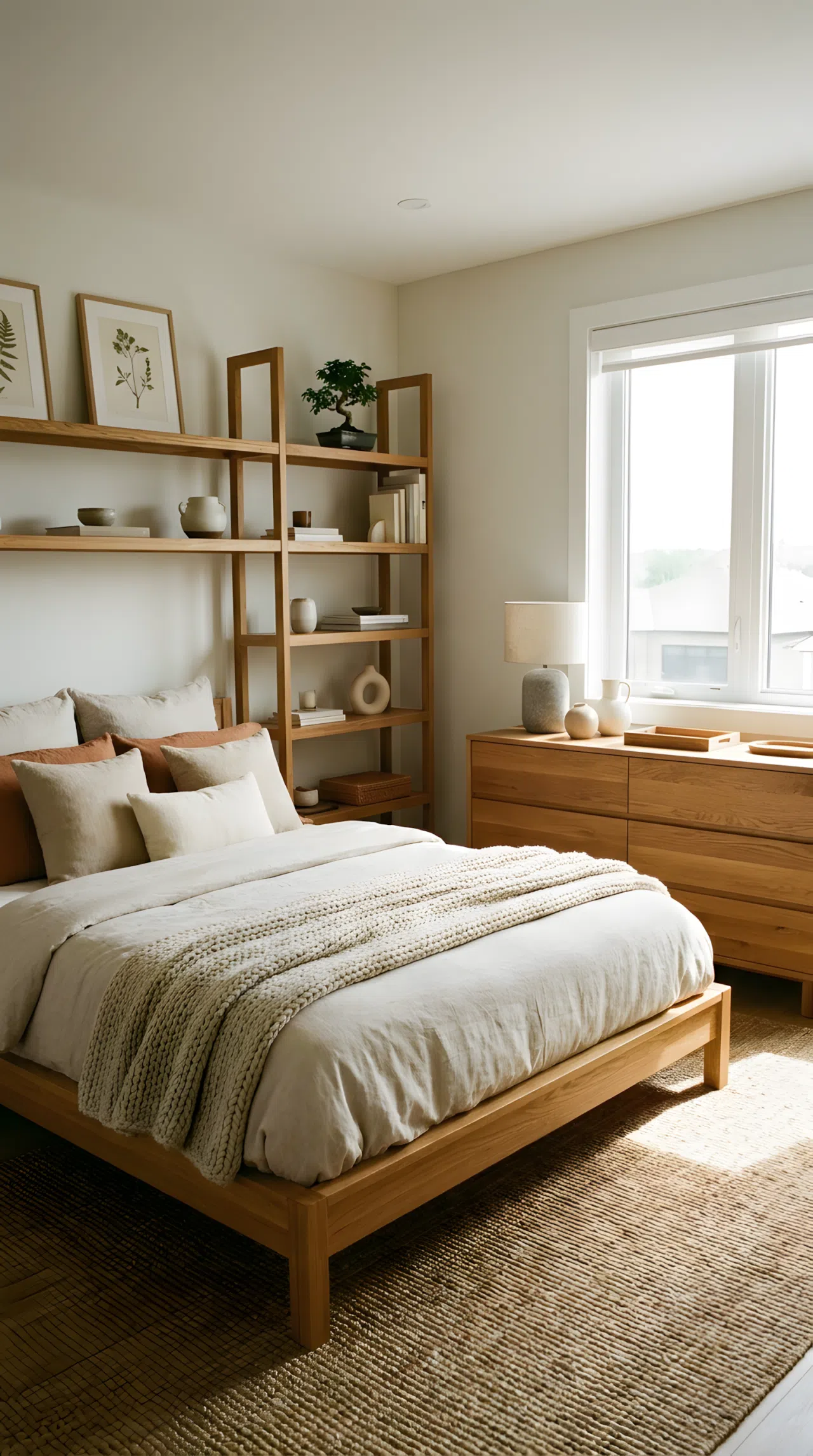 Real-life photograph of a Japandi style bedroom with matching oak wood bed frame, dresser, and open shelving, neatly made bed with linen bedding, beautifully arranged decor, organized and clean surfaces, bright natural light, vibrant warm wood tones, no people.