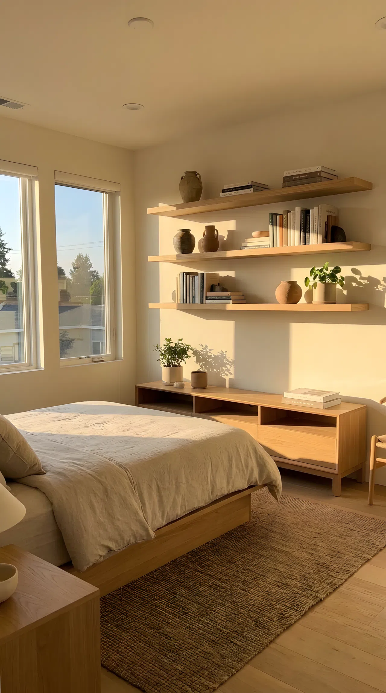 Real-life photograph of a Japandi style bedroom with slim floating wood shelves mounted above a low console table, neatly arranged books and ceramic decor, beautifully organized and clean space, bright natural light, vibrant warm tones, no people.