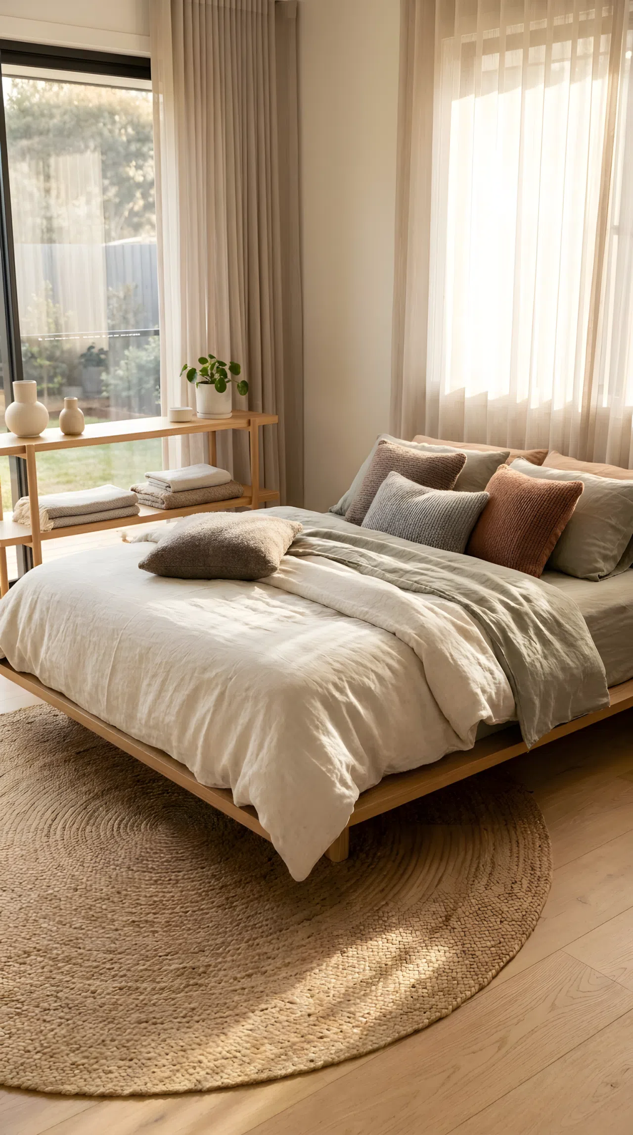 Real-life photograph of a Japandi style bedroom with a neatly made bed featuring handmade neutral linen throw pillows, beautifully arranged textured bedding, organized and clean styling, bright natural light, vibrant soft tones, no people.
