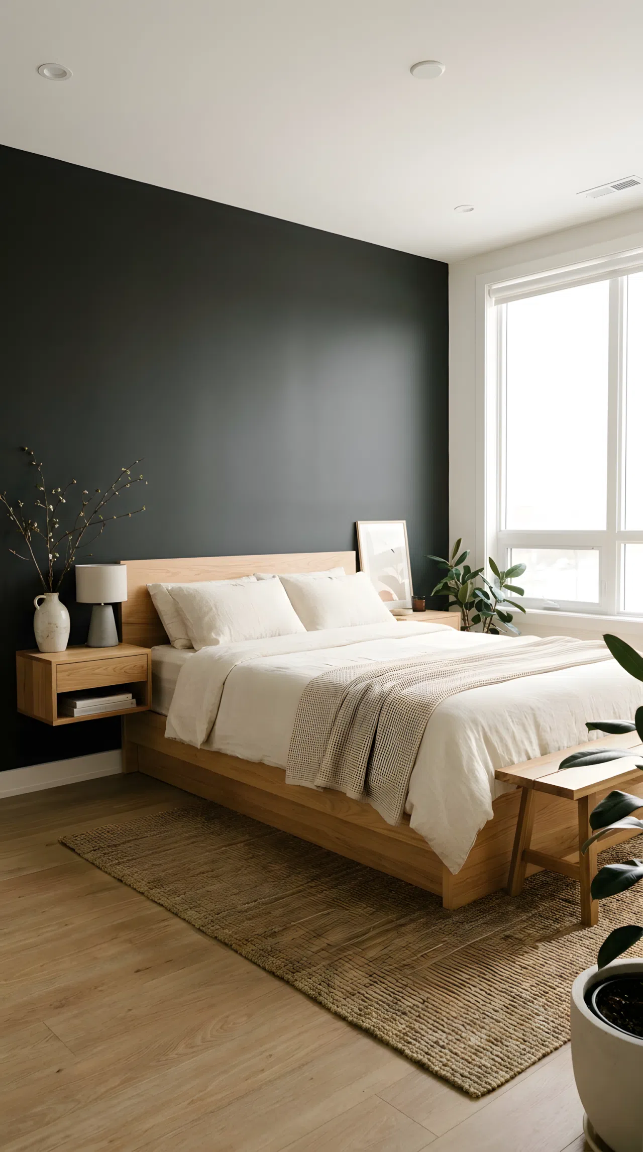 Real-life photograph of a Japandi style bedroom with a charcoal accent wall (RGB 54, 54, 54) behind a neatly made low wood bed with cream linen bedding, beautifully arranged nightstand, organized and clean space, bright natural light, vibrant contrast tones, no people.