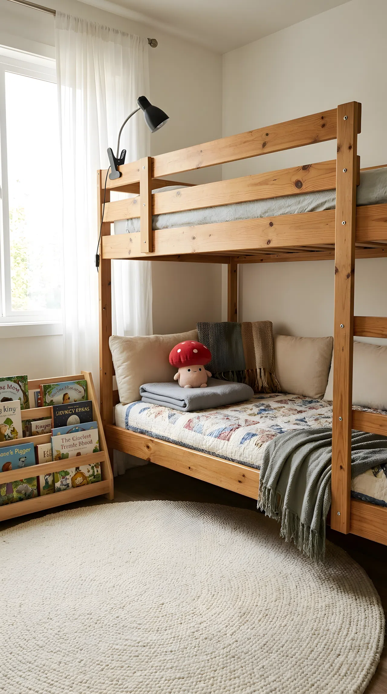 Real-life photo of a wooden bunk bed with a cozy reading nook tucked underneath, small red mushroom-shaped plush toy sitting on the neatly made bottom bunk bed, soft rug, low bookshelf filled with children's books, clip-on reading lamp, bright natural light streaming through a nearby window, beautifully arranged, organized, clean, no people, no text overlays