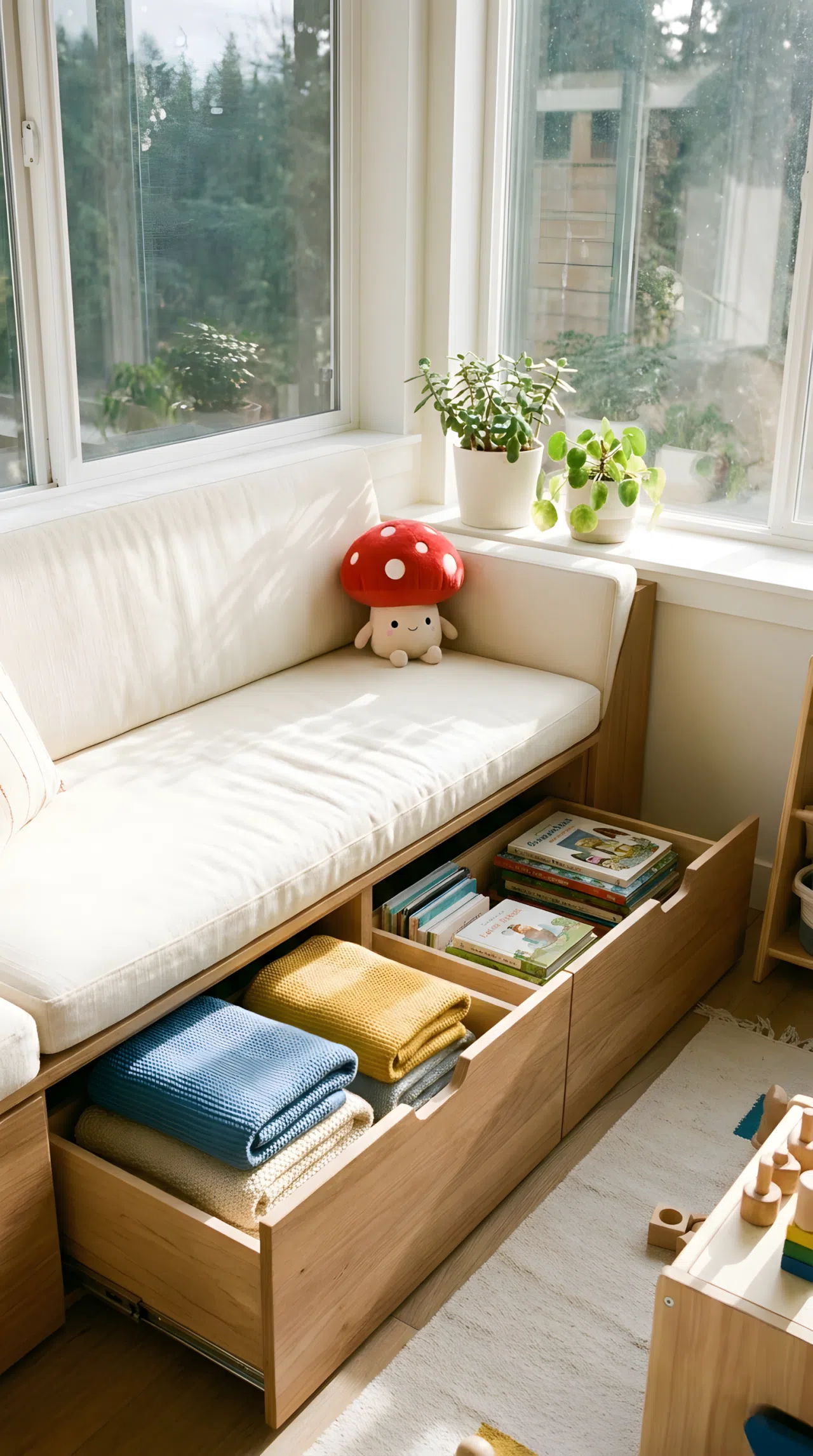 Real-life photo of a kids bedroom window seat with a cushioned top and storage drawers underneath, folded blankets and books neatly arranged, small red mushroom-shaped plush toy sitting on the cushion, bright natural light streaming through the window, beautifully arranged, organized, clean, no people, no text overlays