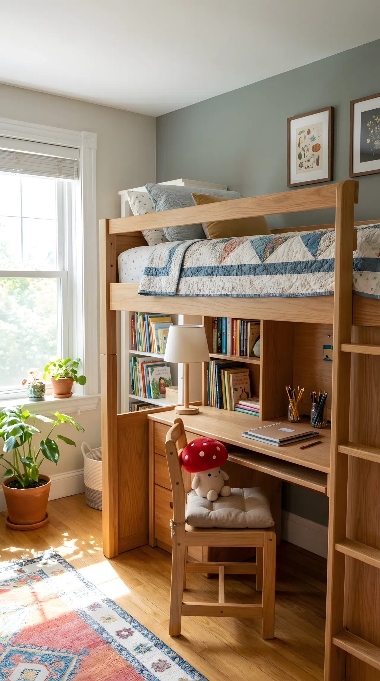 Real-life photo of a kids bedroom with a raised loft bed and a full desk setup tucked underneath, neatly made bed on top, desk area organized with supplies, small red mushroom-shaped plush toy on the desk chair, bright natural light, beautifully arranged, clean, no people, no text overlays