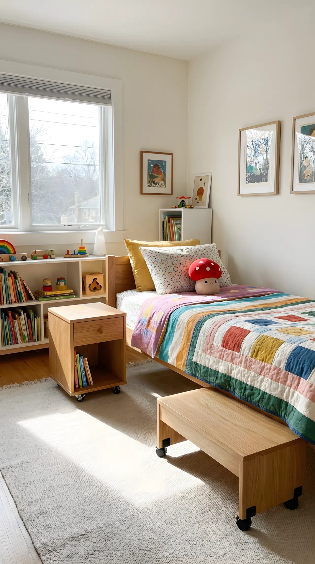 Real-life photo of a kids bedroom with a small wheeled nightstand and wheeled bench positioned near a neatly made bed, small red mushroom-shaped plush toy on the bed, bright natural light, beautifully arranged, organized, clean, no people, no text overlays
