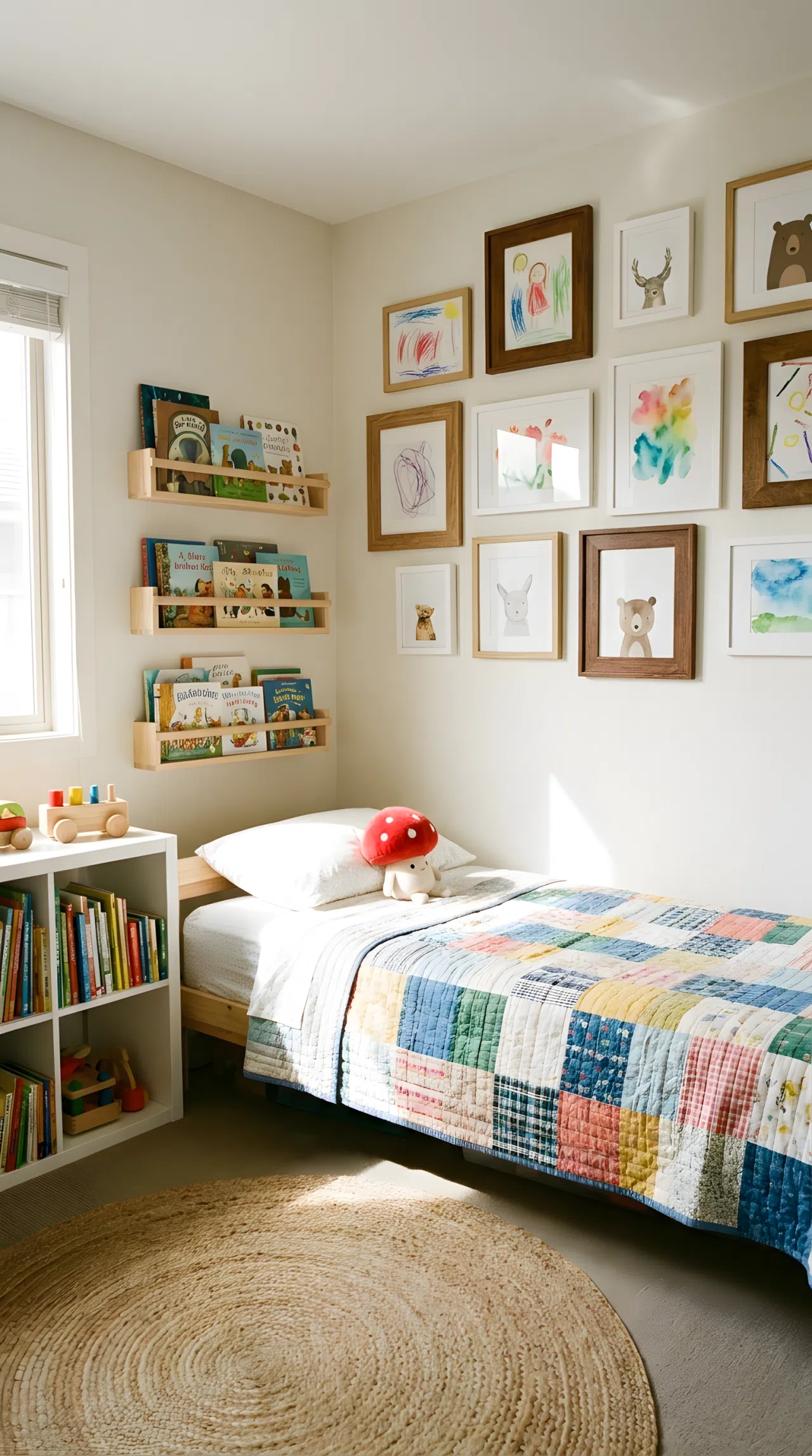 Real-life photo of a kids bedroom with a gallery wall of framed children's drawings and simple art prints above a neatly made bed, small red mushroom-shaped plush toy on the pillow, bright natural light, beautifully arranged, organized, clean, no people, no text overlays