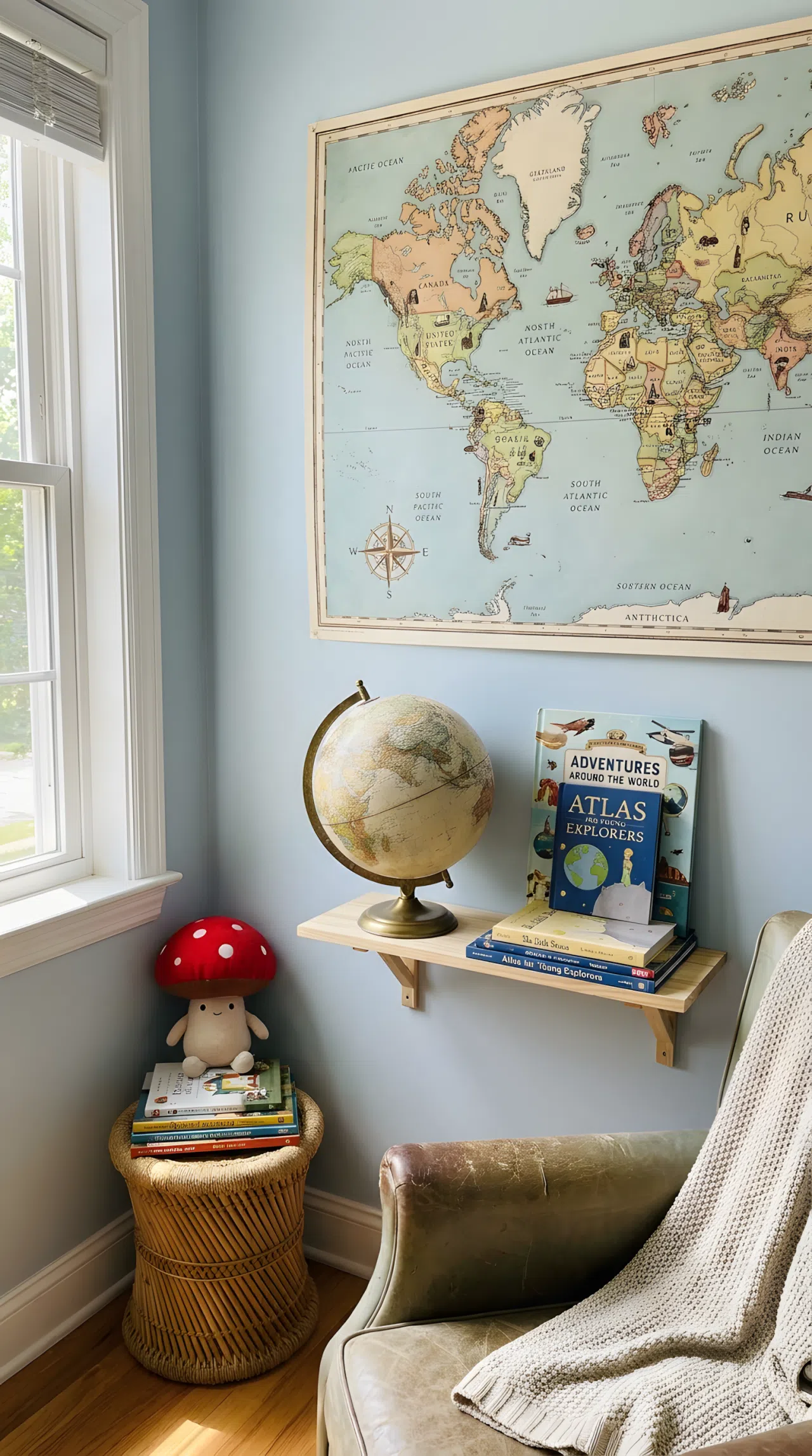Real-life photo of a kids bedroom corner with a world map mounted on the wall, a classic globe on a small shelf, travel-themed books neatly arranged, small red mushroom-shaped plush toy sitting nearby, bright natural light, beautifully arranged, organized, clean, no people, no text overlays