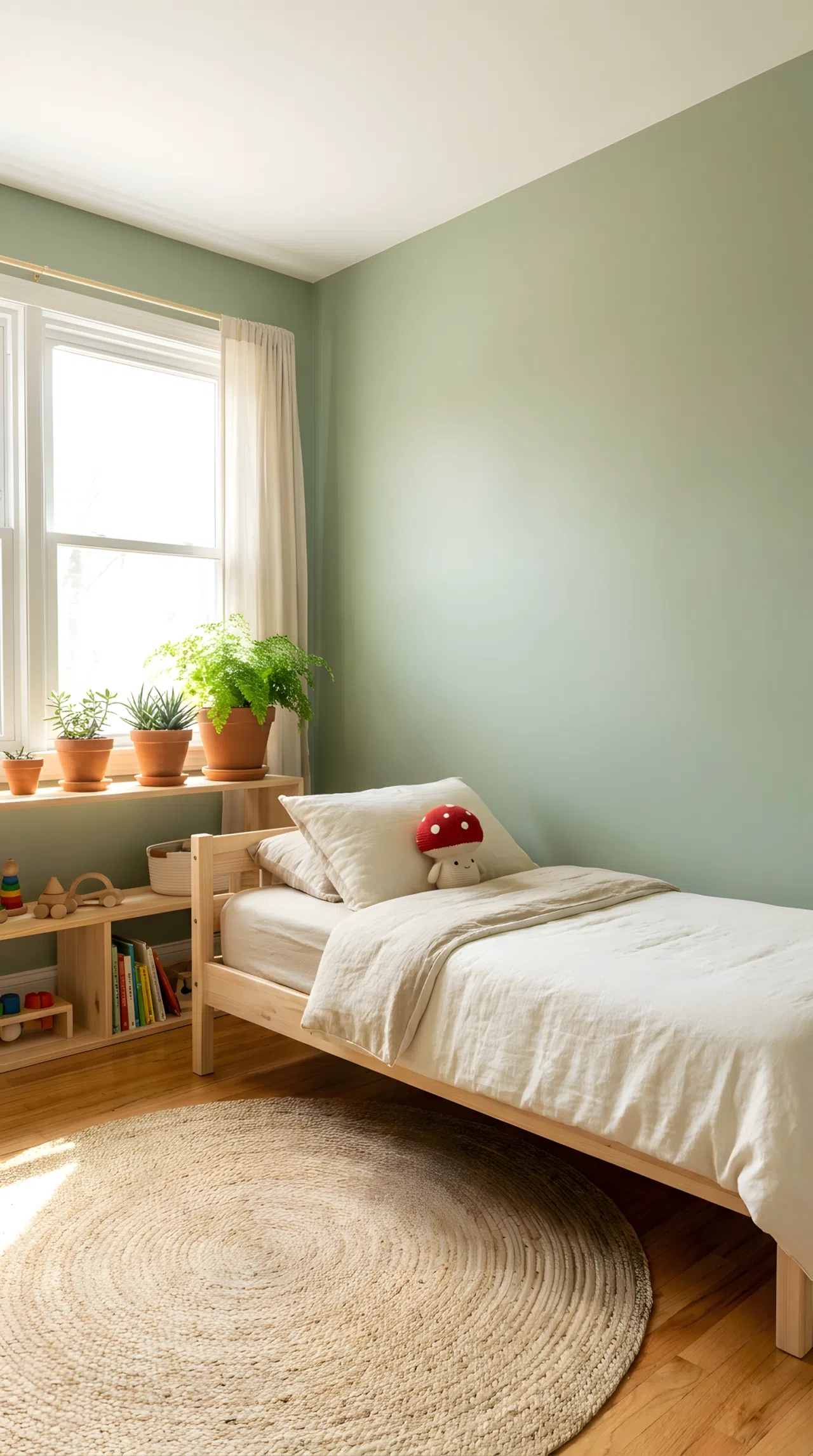 Real-life photo of a kids bedroom with sage green walls (RGB 156,175,136), natural wood bed frame with neatly made linen bedding, small red mushroom-shaped plush toy resting on the pillow, jute rug, potted plants, bright natural light, beautifully arranged, organized, clean, no people, no text overlays