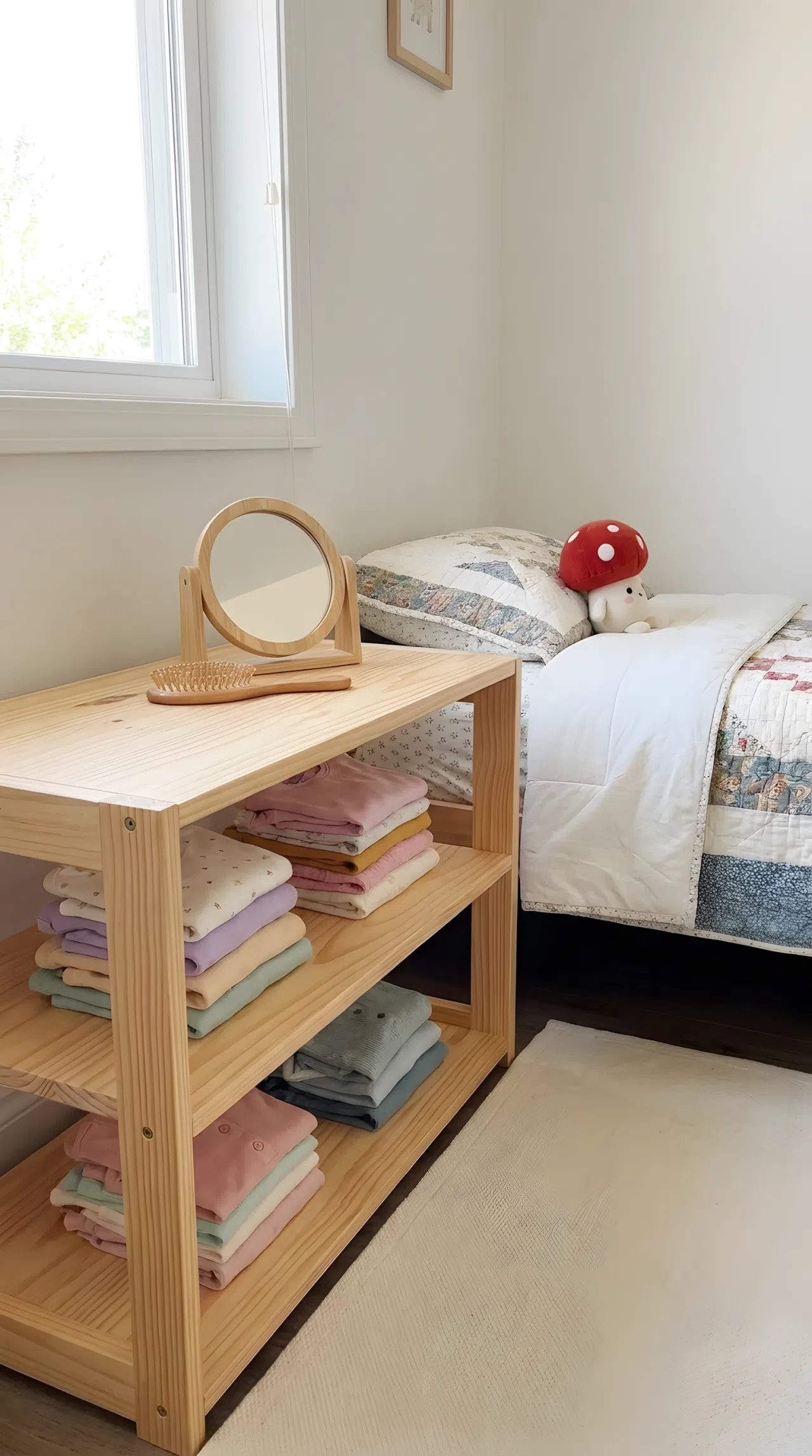 Real-life photo of a child's bedroom corner with a low open wooden shelf holding folded clothes, a small mirror, and a hairbrush at kid height, neatly made bed in the background with a small red mushroom-shaped plush toy on the pillow, bright natural light, organized, clean, beautifully arranged, no people, no text overlays