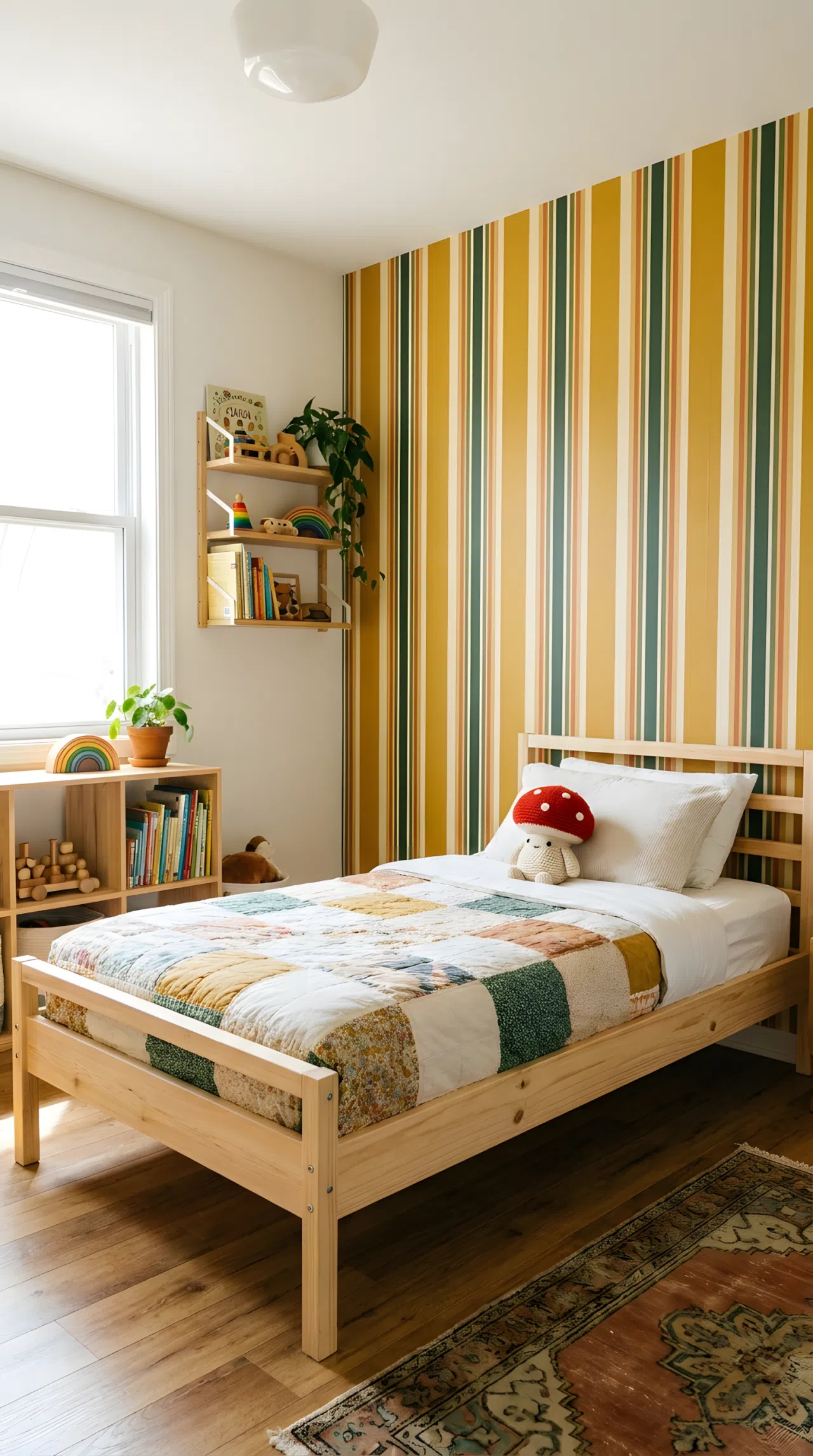 Real-life photo of a kids bedroom with a retro striped wallpaper feature wall behind a simple wood bed frame, neatly made bed with a small red mushroom-shaped plush toy on top, bright natural light, beautifully arranged, organized, clean, no people, no text overlays