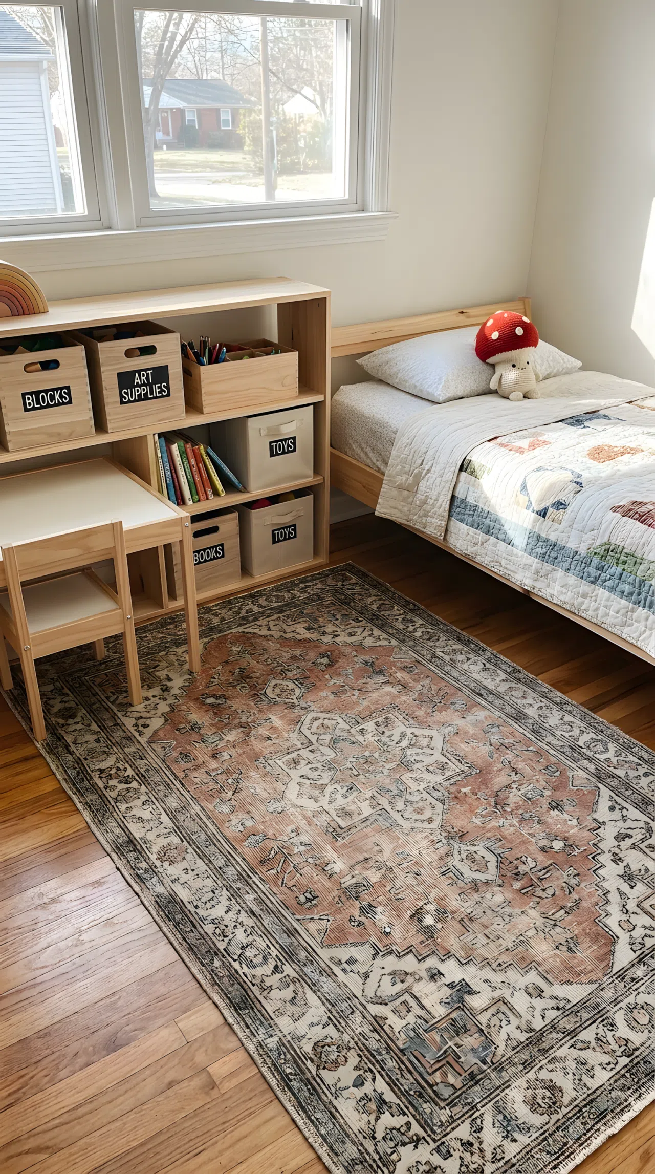 Real-life photo of a small kids bedroom play corner with a secondhand rug, labeled storage bins, and a small table, neatly made bed nearby with a small red mushroom-shaped plush toy on the pillow, bright natural light, beautifully arranged, organized, clean, no people, no text overlays