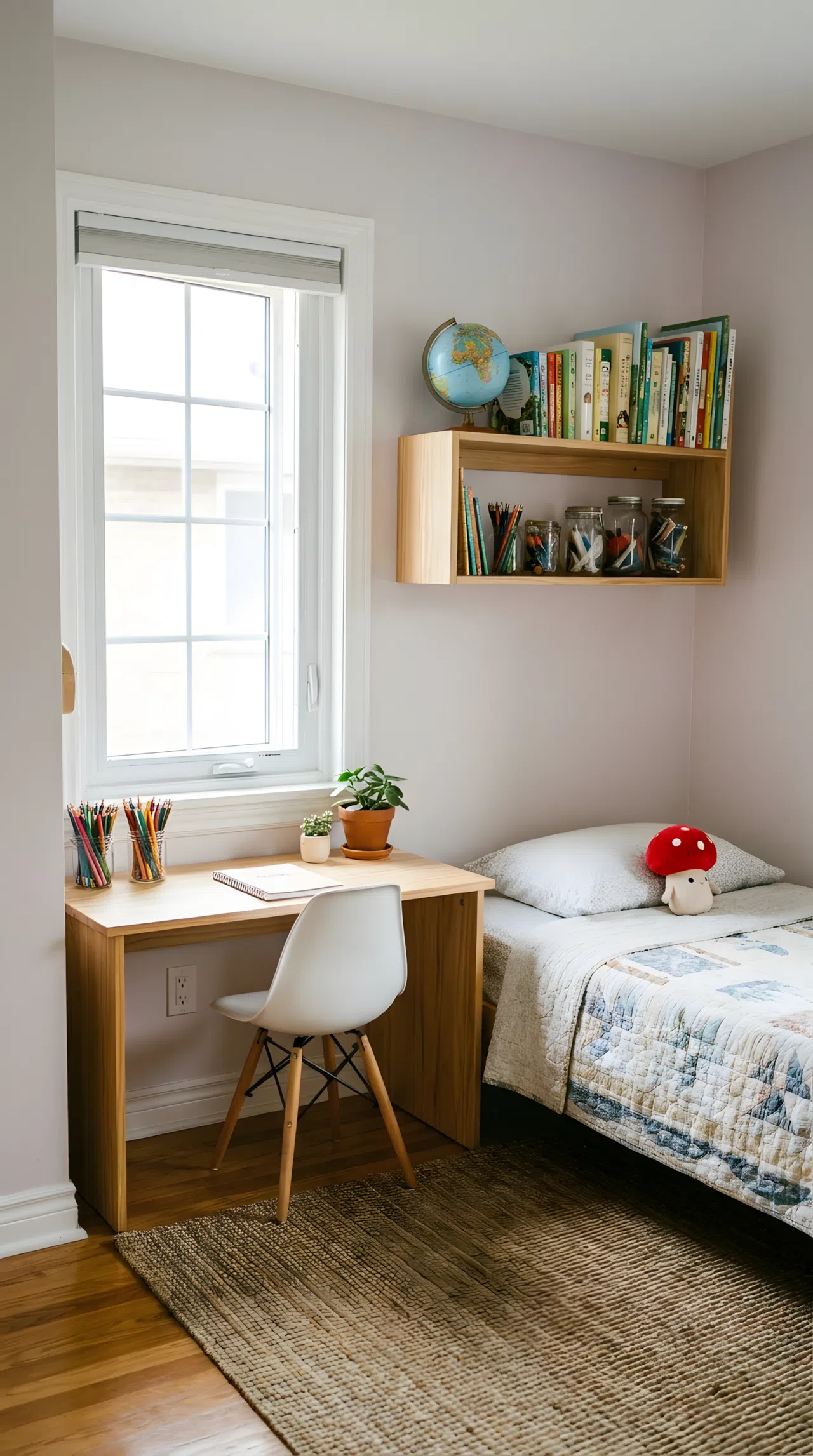 Real-life photo of a kids bedroom study nook with a small desk positioned directly under a window, wall-mounted shelf with neatly arranged supplies above, bright natural light flooding the desk area, small red mushroom-shaped plush toy on the neatly made bed nearby, organized, clean, beautifully arranged, no people, no text overlays