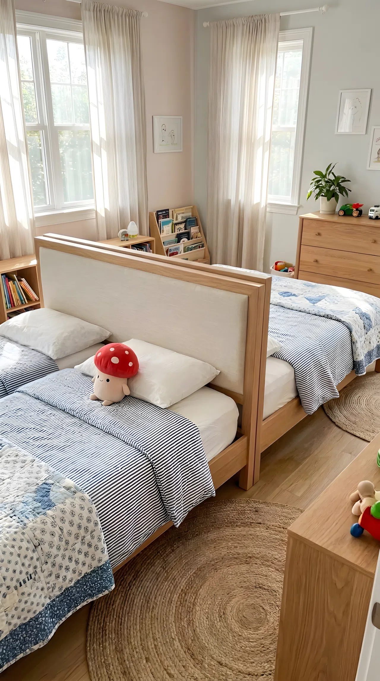 Real-life photo of a shared kids bedroom with two twin beds arranged back to back sharing one headboard, both neatly made, small red mushroom-shaped plush toy on one of the pillows, bright natural light, beautifully arranged, organized, clean, no people, no text overlays