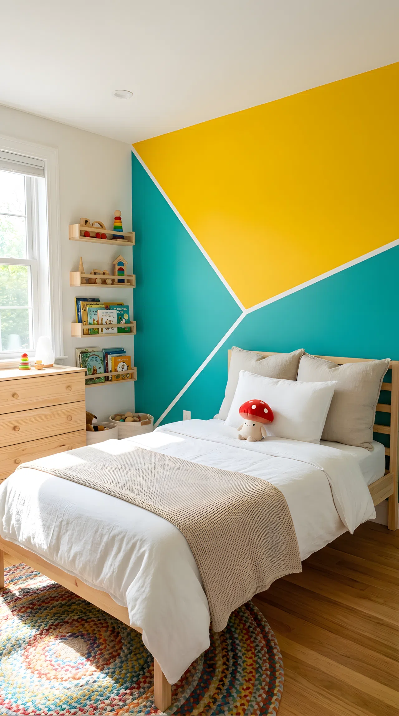 Real-life photo of a kids bedroom with a bold color-block accent wall in vibrant yellow (RGB 250,204,21) and teal (RGB 20,184,166), neutral neatly made bedding, small red mushroom-shaped plush toy on the pillow, bright natural light, beautifully arranged, organized, clean, no people, no text overlays