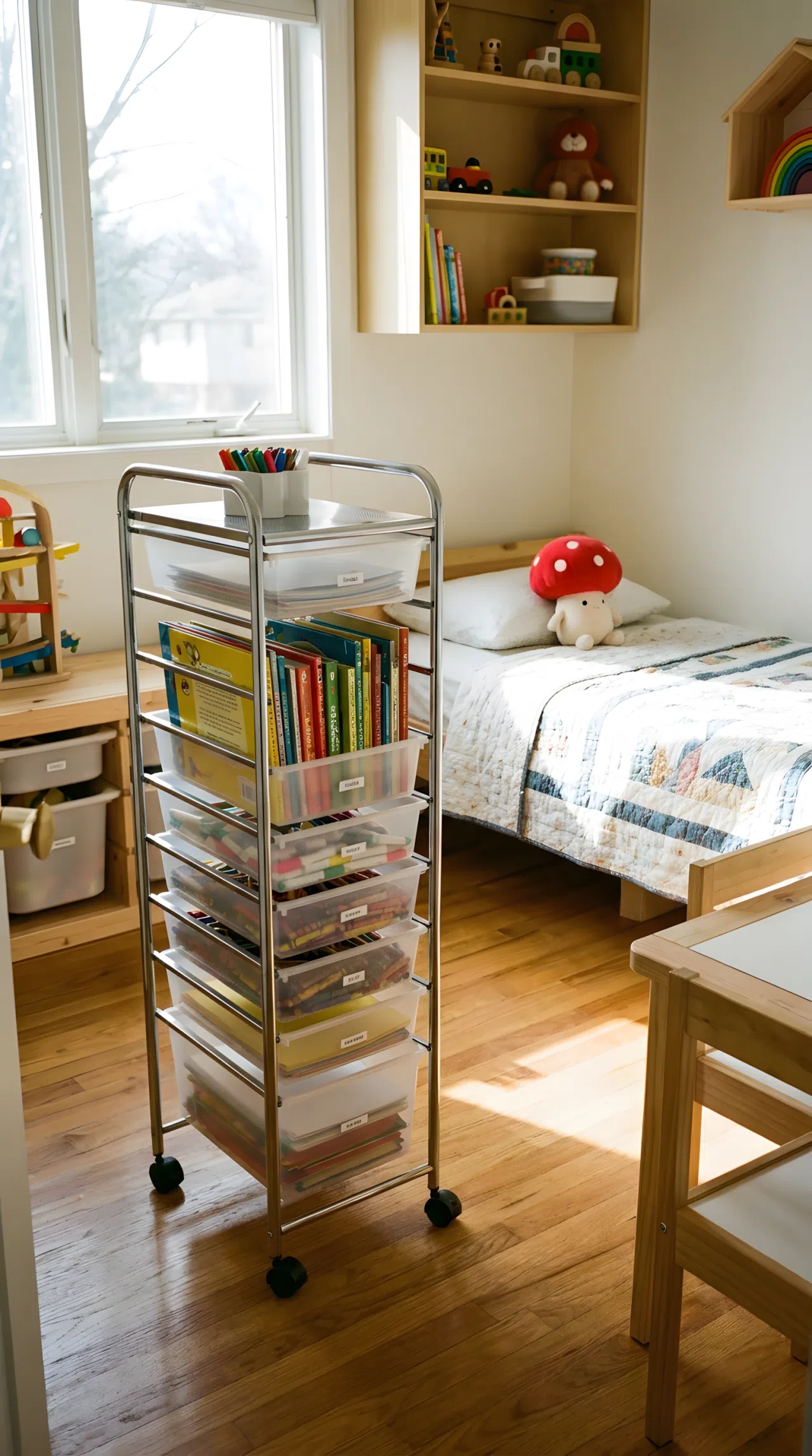 Real-life photo of a kids bedroom with a tall wheeled storage cart holding neatly arranged bins of books and art supplies, small red mushroom-shaped plush toy sitting on the neatly made bed in the background, bright natural light, beautifully arranged, organized, clean, no people, no text overlays