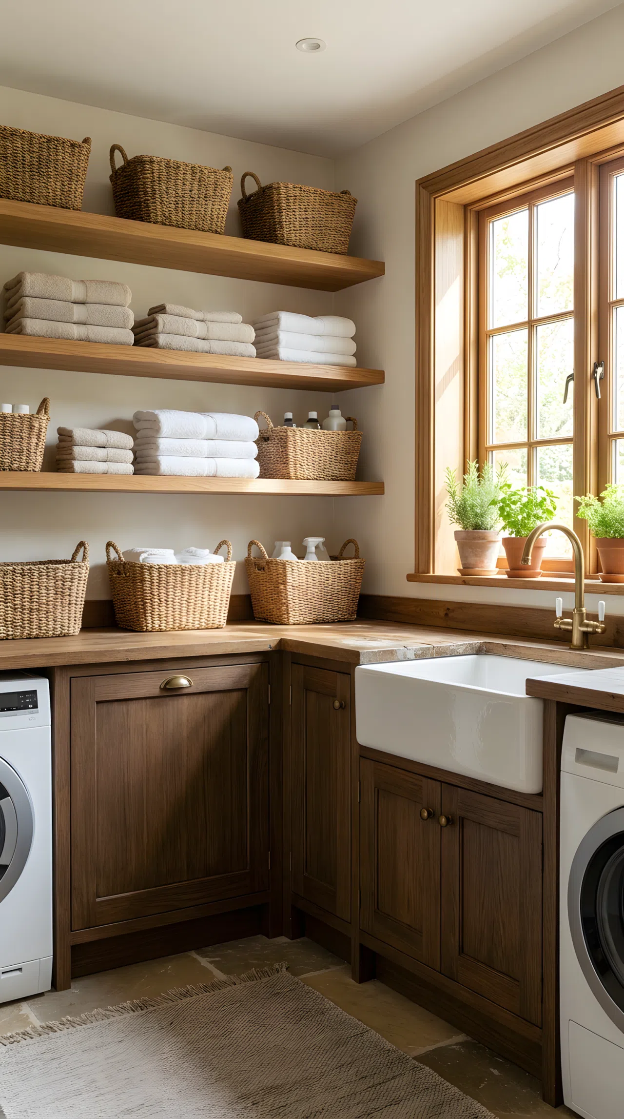 Real-life photo of a farmhouse-style luxury laundry room, warm wood open shelving neatly arranged with folded linens, closed wood cabinetry below, farmhouse apron sink, woven baskets organized on shelf, bright natural light streaming through a window, clean and beautifully arranged, vibrant warm tones, stock photography style, no illustration.