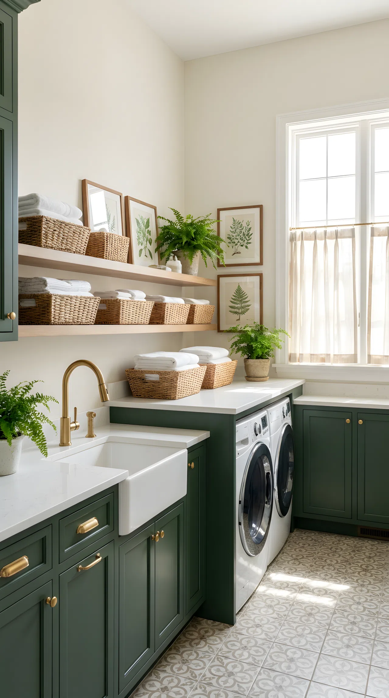 Real-life photo of a luxury laundry room with forest green lower cabinetry (RGB 34,79,58), light neutral upper walls, brass faucet (RGB 181,141,74) and brass cabinet pulls, neatly arranged laundry baskets, clean and organized, bright natural light, beautifully arranged, vibrant green tones, stock photography style, no illustration.
