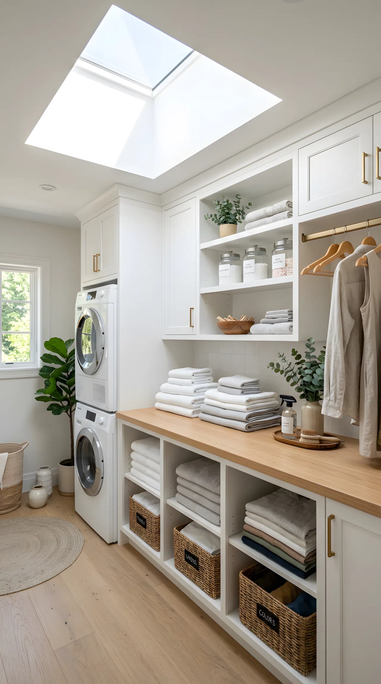 Real-life photo of a luxury laundry room with a skylight in the ceiling, bright natural light flooding down onto a light-colored folding counter, neatly folded laundry arranged below, clean white walls, organized and beautifully arranged, vibrant daylight tones, stock photography style, no illustration.