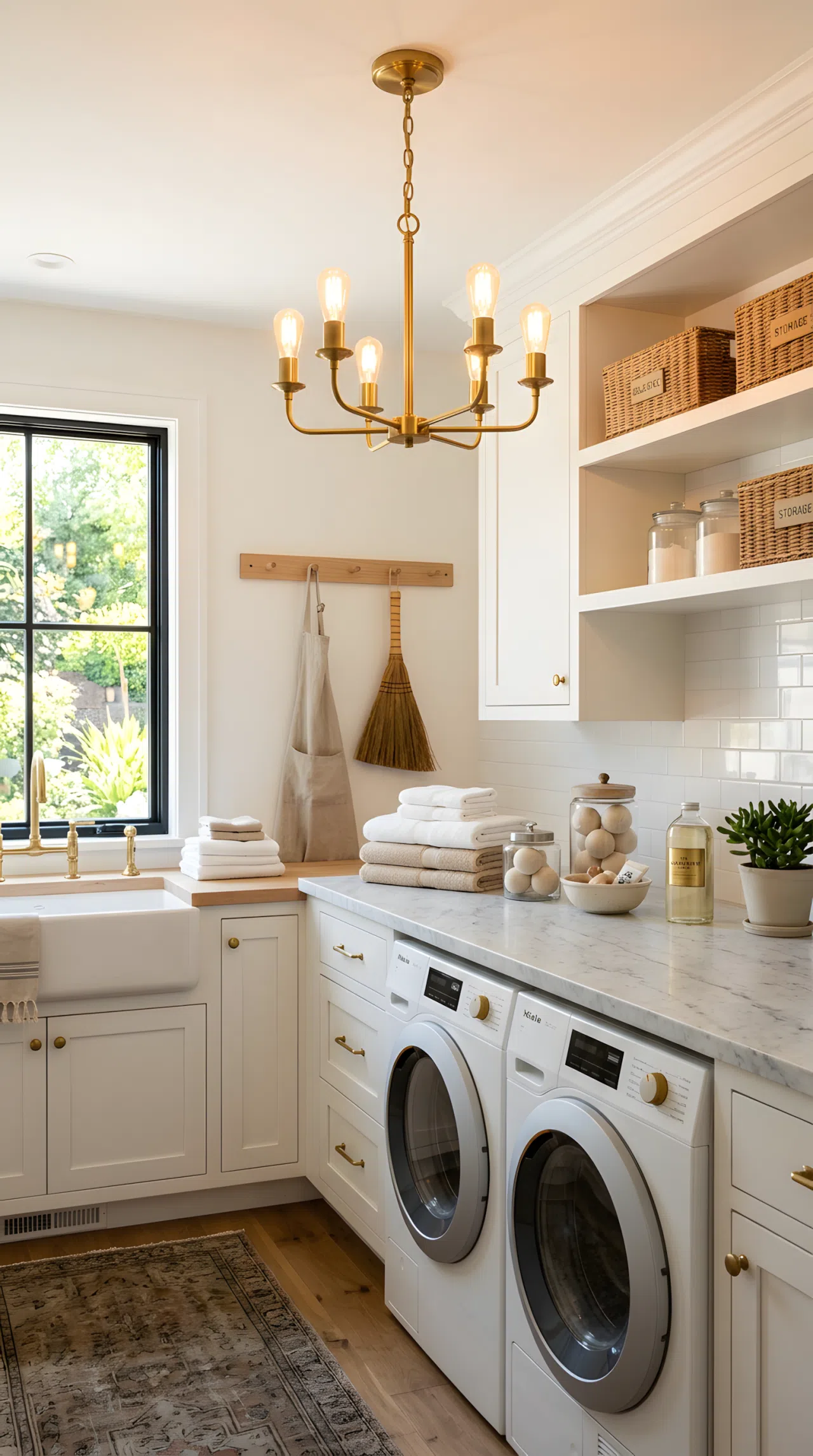 Real-life photo of a luxury laundry room with a small brass chandelier hanging from the ceiling, warm ambient light glowing across a neat folding counter below, simple white cabinetry, clean and organized, beautifully arranged, bright natural light also present, vibrant warm tones, stock photography style, no illustration.
