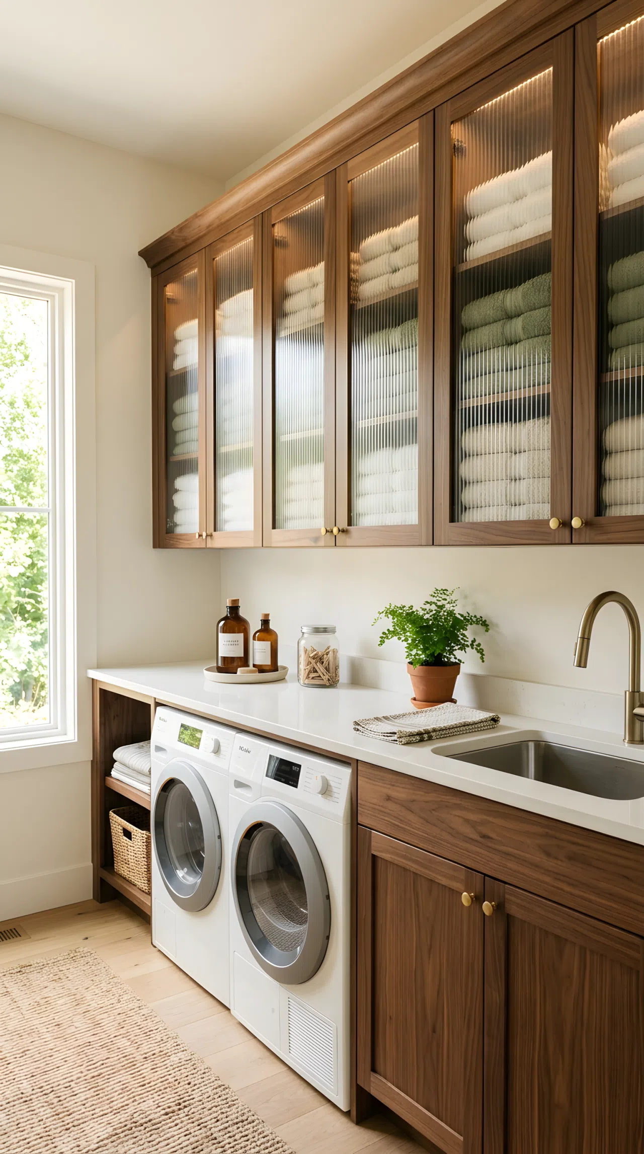 Real-life photo of a luxury laundry room with upper cabinets featuring fluted glass doors, neatly stacked folded towels visible behind the ridged glass, warm wood cabinet frame, clean and organized counter below, bright natural light catching the glass texture, beautifully arranged, vibrant tones, stock photography style, no illustration.