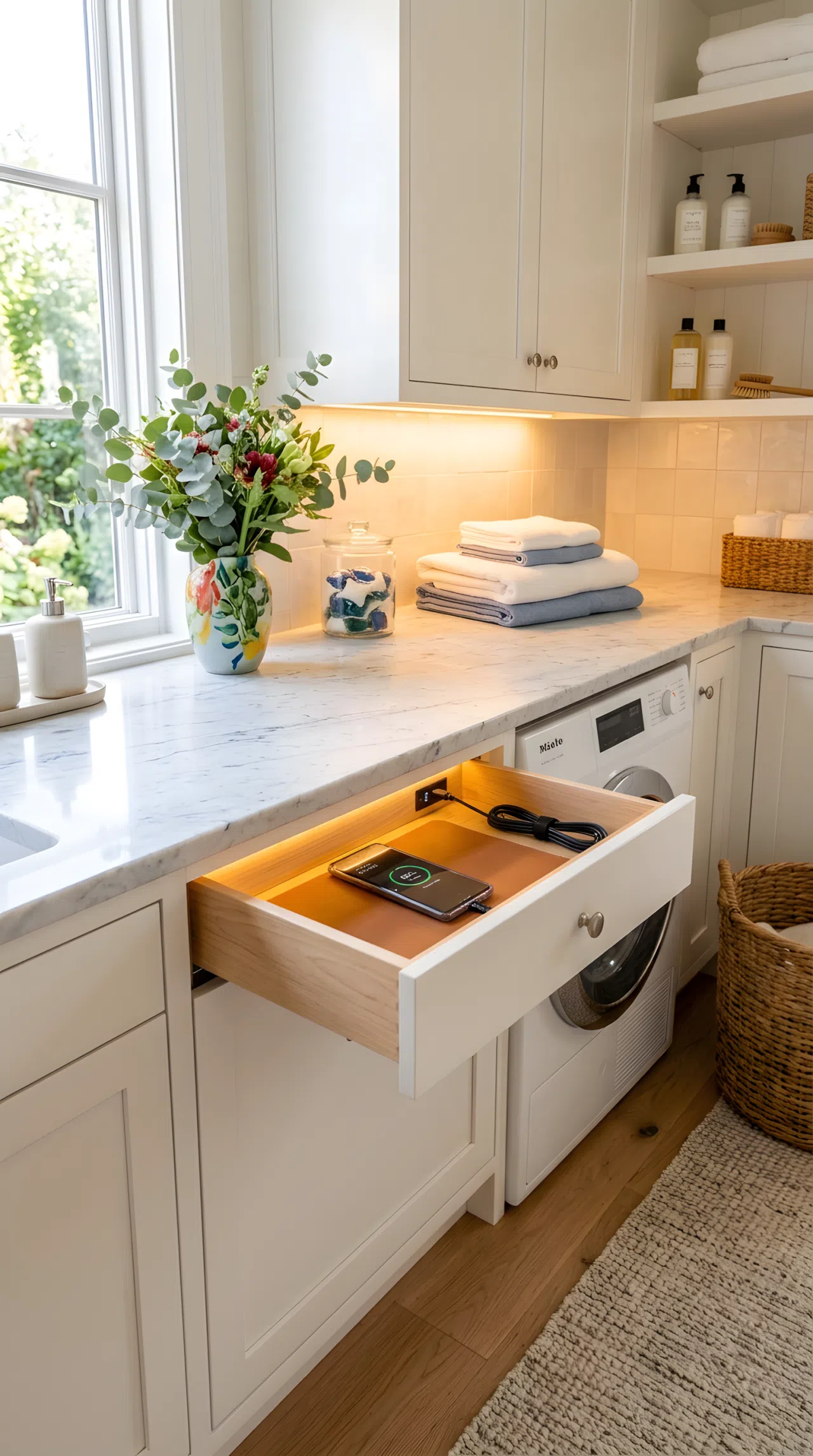 Real-life photo of a luxury laundry room with a built-in charging station drawer slightly open showing a phone charging with hidden cords, small under-cabinet light glowing above it, clean clutter-free countertop, organized and beautifully arranged, bright natural light, vibrant color accents, stock photography style, no illustration.