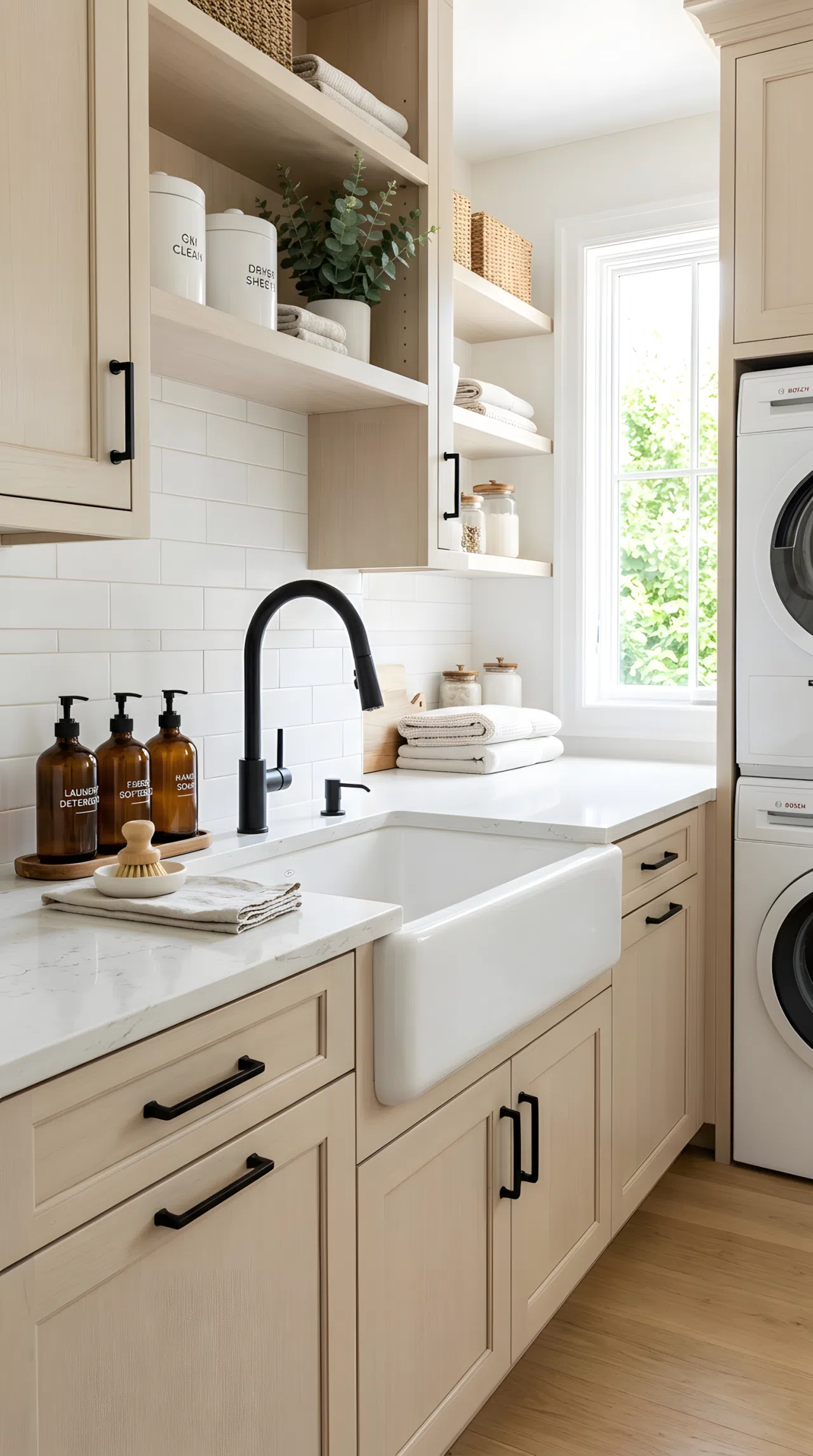 Real-life photo of a luxury laundry room with a white farmhouse sink (RGB 250,250,248) and matte black faucet (RGB 30,30,30), light cabinetry surrounding it, neatly organized soap dispensers on counter, clean and beautifully arranged, bright natural light reflecting off the fixtures, vibrant contrast, stock photography style, no illustration.
