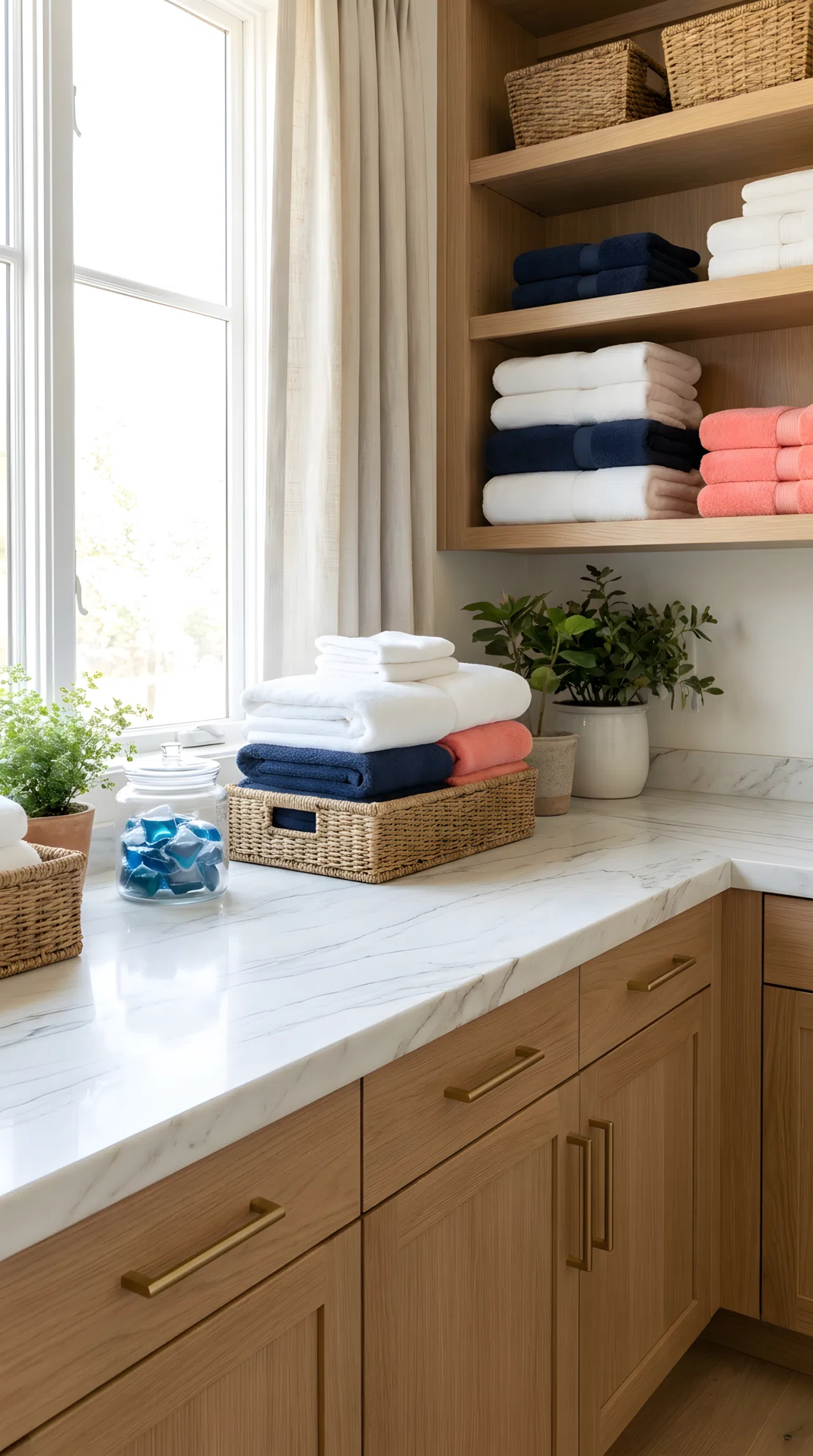 Real-life photo of a luxury laundry room folding counter topped with white marble (RGB 245,245,240) featuring soft grey veining (RGB 180,180,175), brushed gold hardware (RGB 212,175,55) on cabinets below, neatly folded towels stacked, beautifully arranged, clean and organized, bright natural light, vibrant color accents, stock photography style.