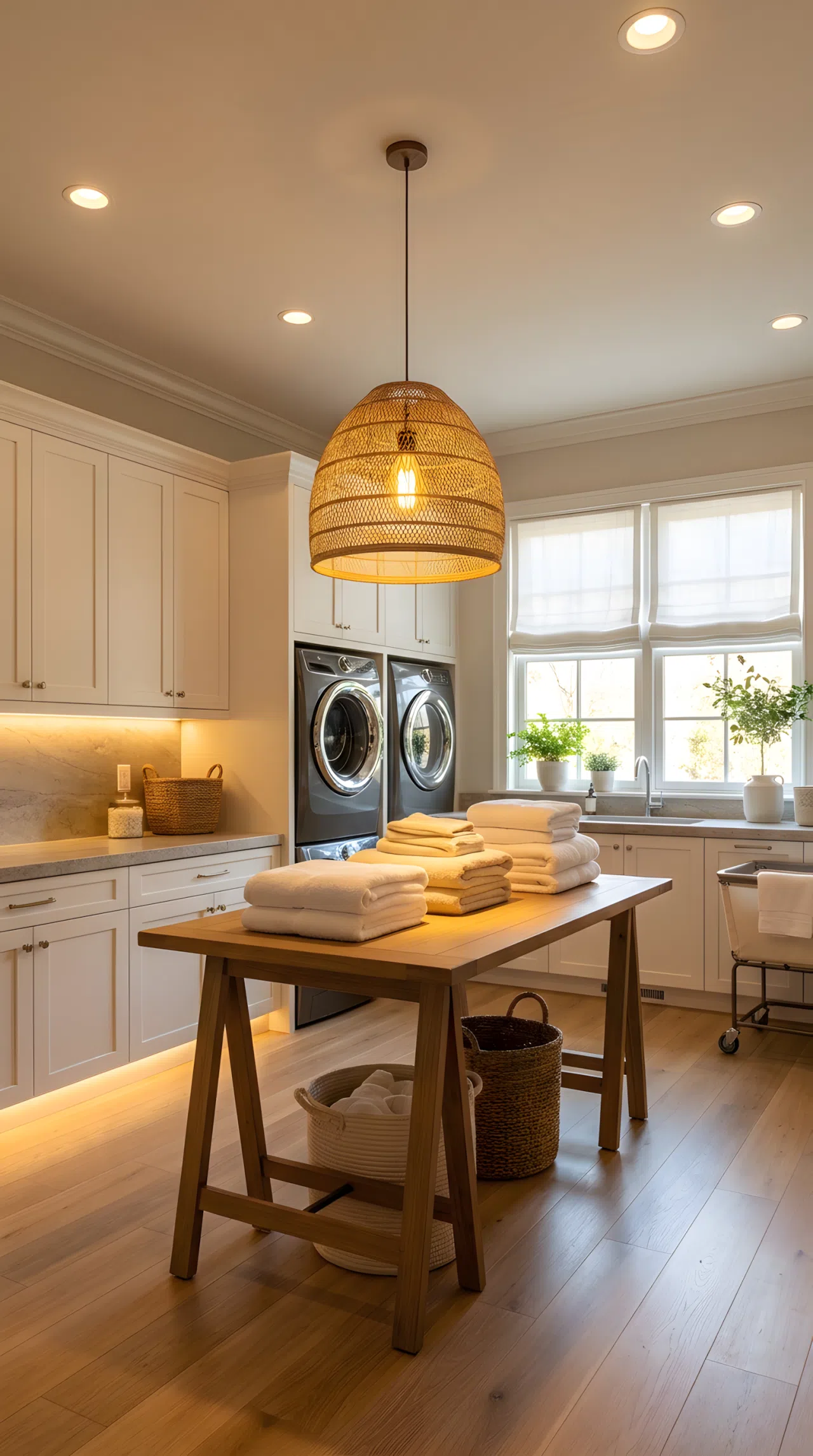 Real-life photo of a luxury laundry room with a pendant light positioned directly above a folding table casting warm focused light on neatly folded towels, recessed ceiling lights evenly lit across the room, small task lighting glowing under upper cabinets illuminating the counter, bright natural light also entering from a window, clean, organized, beautifully arranged, vibrant warm glow, stock photography style.