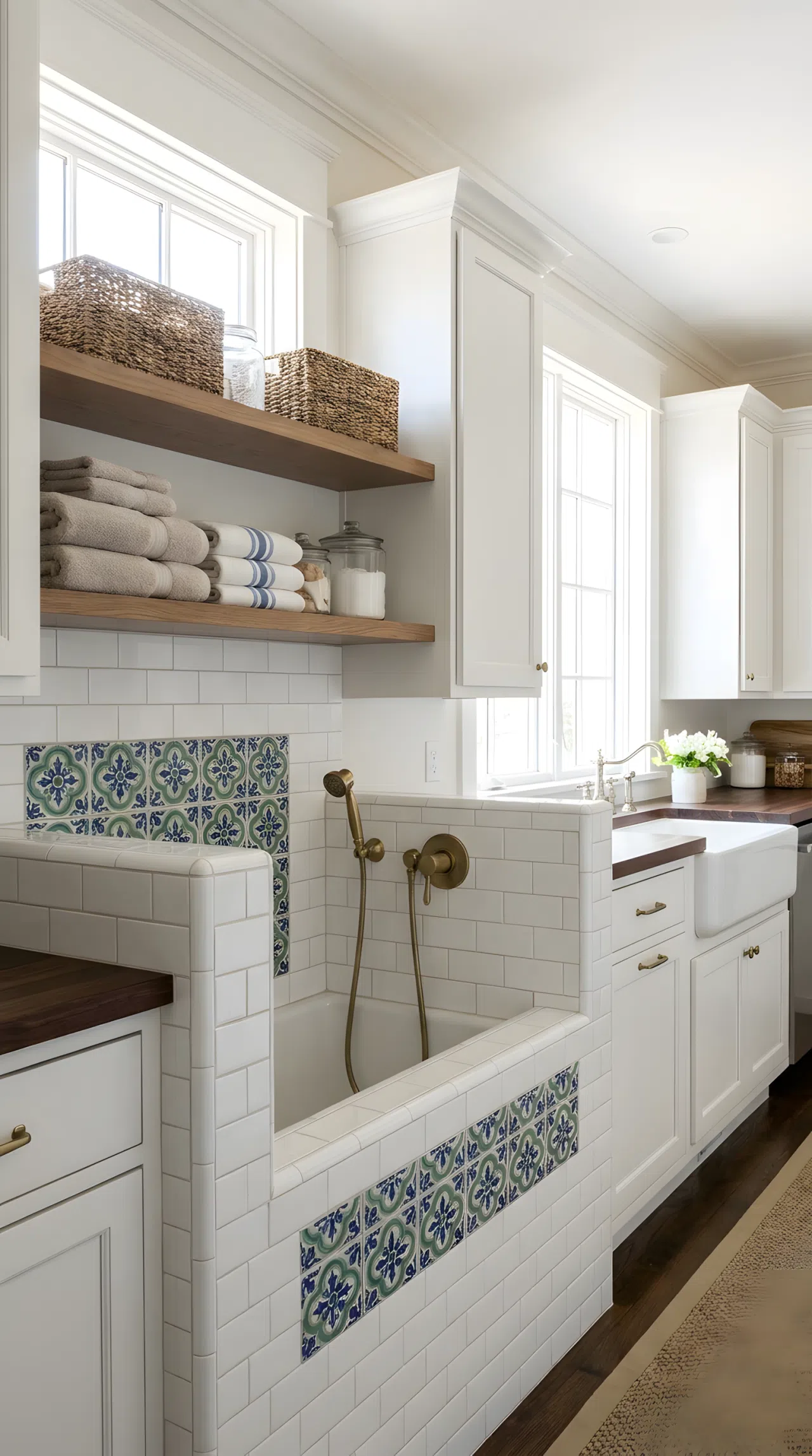 Real-life photo of a luxury laundry room with a built-in raised tiled dog washing station, handheld sprayer mounted on the wall, clean white subway tile, neatly arranged towels folded nearby, organized and beautifully arranged space, bright natural light, vibrant tile accents, stock photography style, no illustration.