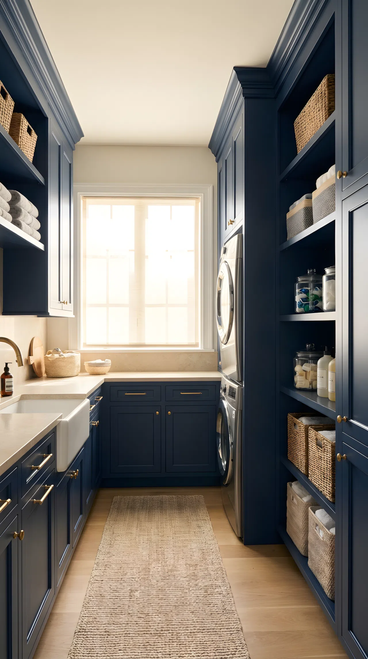 Real-life photo of a luxury laundry room with deep navy blue cabinetry (RGB 28,44,74), brass cabinet pulls (RGB 181,141,74), light stone countertop, neatly arranged laundry supplies in organized bins, bright natural light entering from a window, clean and beautifully arranged, vibrant navy tones, stock photography style, no illustration.