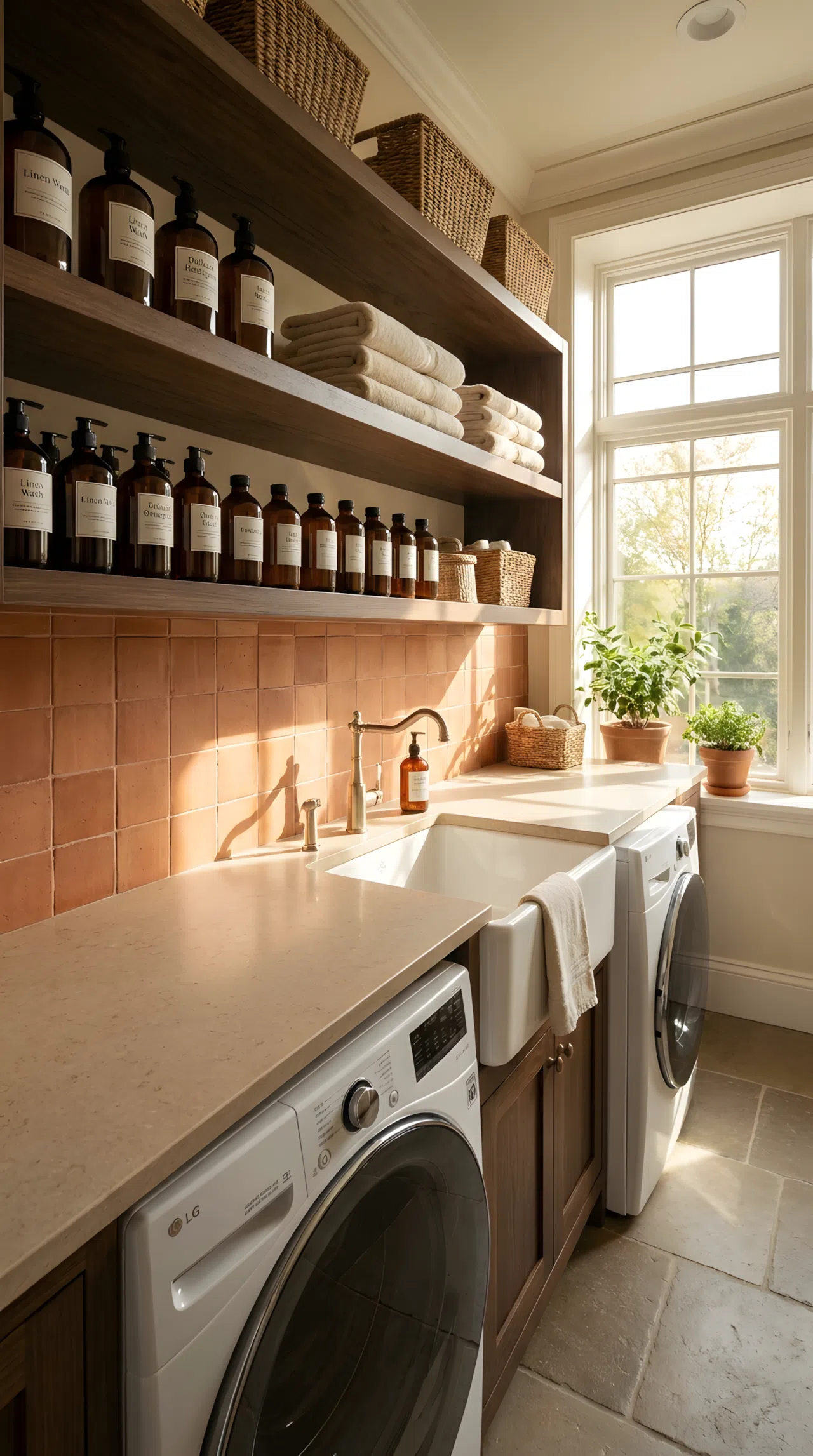 Real-life photo of a luxury laundry room with a terracotta tile backsplash (RGB 204,102,70) behind a light neutral countertop, neatly organized detergent bottles on open shelf, clean and beautifully arranged space, bright natural light streaming in, vibrant warm terracotta tones, stock photography style, no illustration.