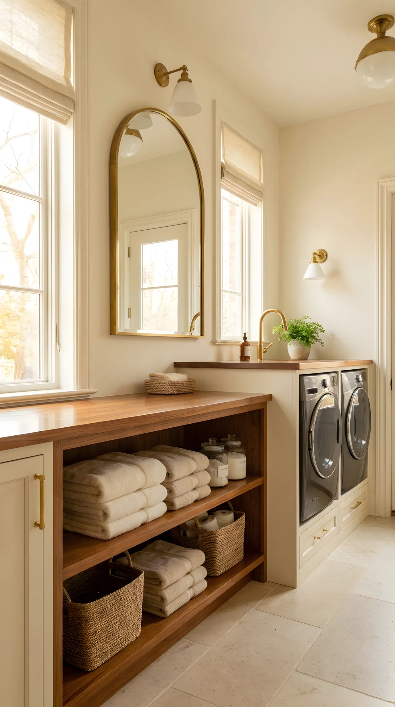 Real-life photo of a luxury laundry room with an arched brass-framed mirror hung above a folding counter, light bouncing softly around the room, neatly organized shelf below with folded towels, clean and beautifully arranged, bright natural light, vibrant brass accents, stock photography style, no illustration.