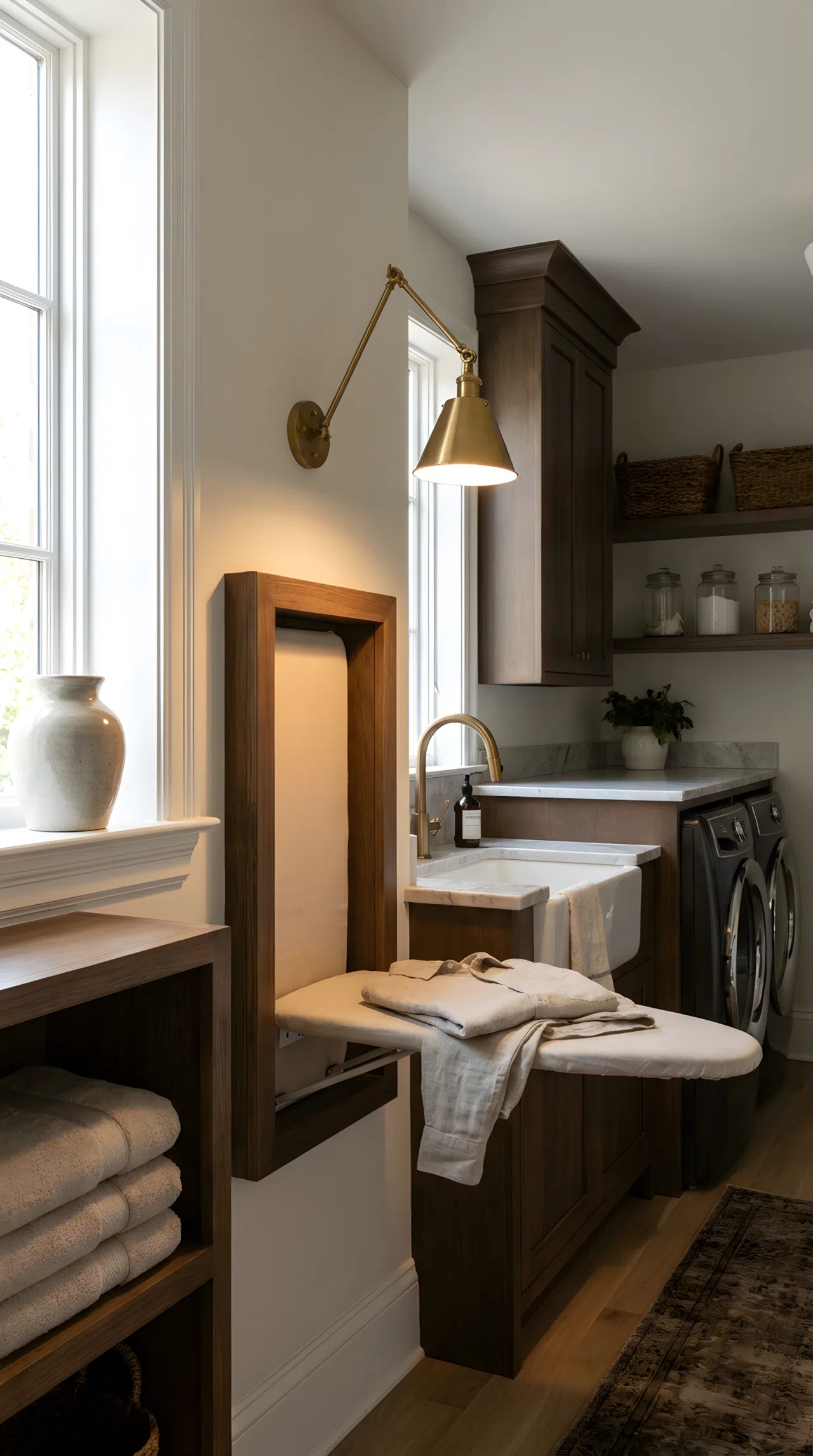 Real-life photo of a luxury laundry room with a wall-mounted swing arm lamp angled directly over a built-in fold-down ironing board, warm focused light illuminating the fabric surface, bright natural light also entering from a nearby window, clean and organized space, beautifully arranged, vibrant warm lighting, stock photography style, no illustration.