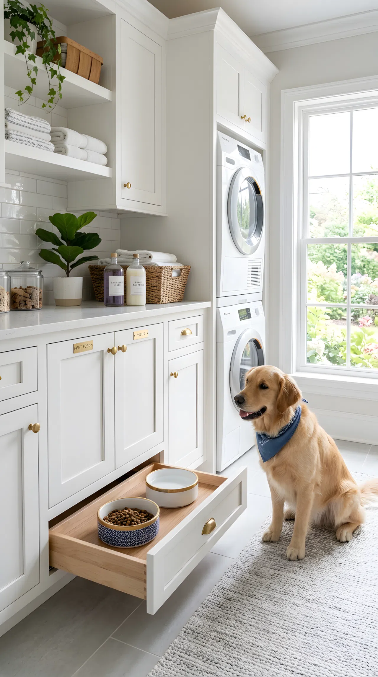 Real-life photo of a luxury laundry room with a built-in pull-out cabinet drawer holding two pet feeding bowls, matching cabinetry above for food storage, clean tile flooring, neatly organized and beautifully arranged, bright natural light, vibrant color accents, stock photography style, no illustration.