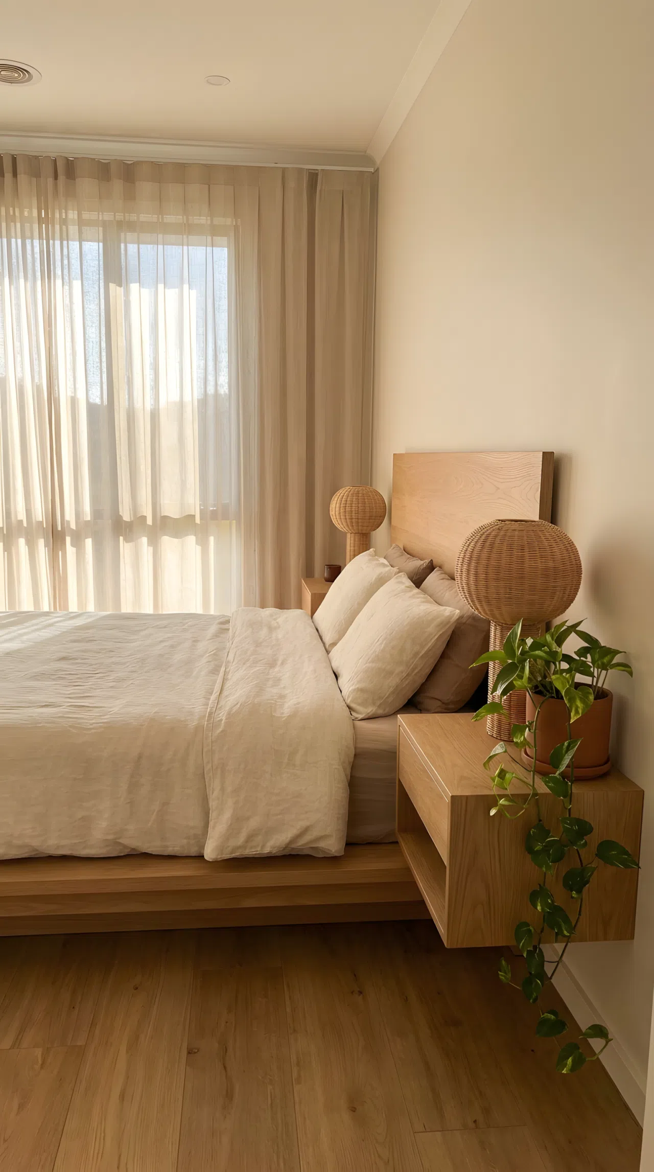 A Japandi-style master bedroom with a low-profile luxury bed neatly made in cream linen, natural oak nightstands, a woven lamp shade, and a single trailing plant, beautifully arranged and organized, bright natural light streaming through sheer curtains, real-life stock photography style, vibrant warm tones, no people, no text overlay, Pinterest-ready composition.