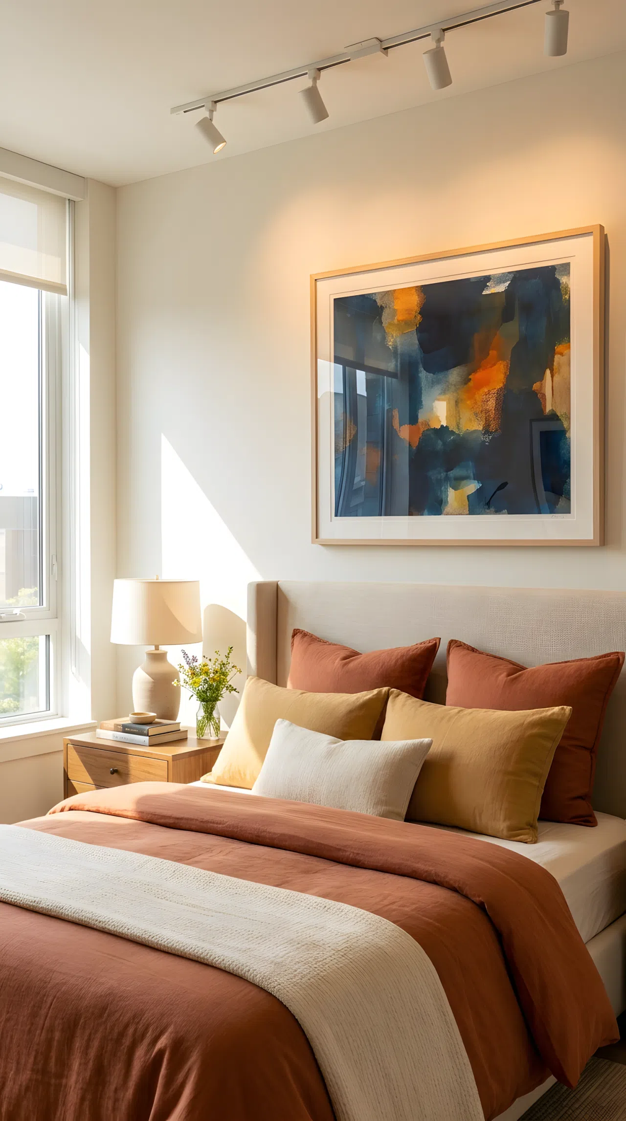 A neatly made luxury bed with a large framed statement art piece centered above the headboard, warm gallery lighting, beautifully arranged and organized, bright natural light, real-life stock photography style, vibrant tones, no people, no text overlay, Pinterest-ready composition.
