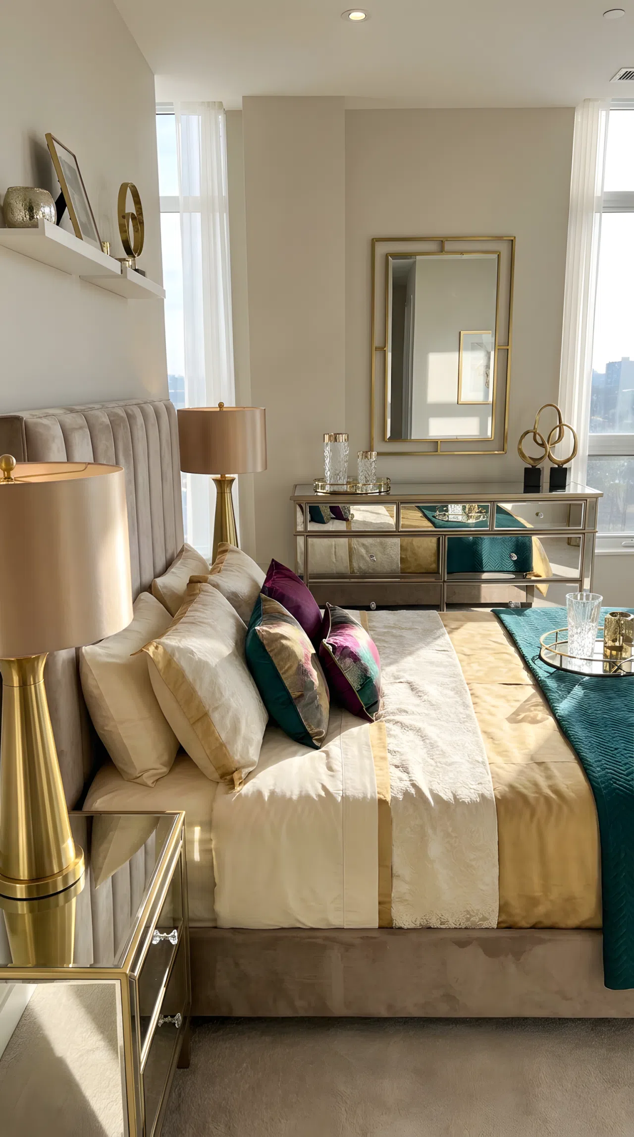 A modern glam luxury bedroom with a neatly made luxury bed, a mirrored dresser reflecting natural light, polished brass accents on lamps, beautifully arranged and organized, bright natural light, real-life stock photography style, vibrant metallic tones, no people, no text overlay, Pinterest-ready composition.