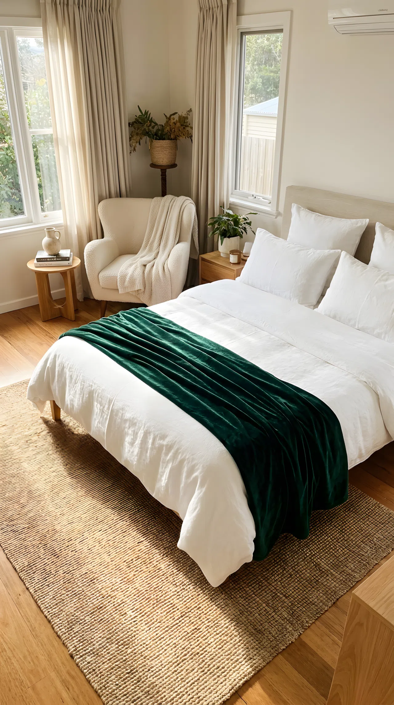 A luxury bed layered with a velvet throw over crisp linen sheets, a boucle accent chair positioned nearby, neatly made and beautifully arranged, organized, bright natural light, real-life stock photography style, vibrant textured tones, no people, no text overlay, Pinterest-ready composition.