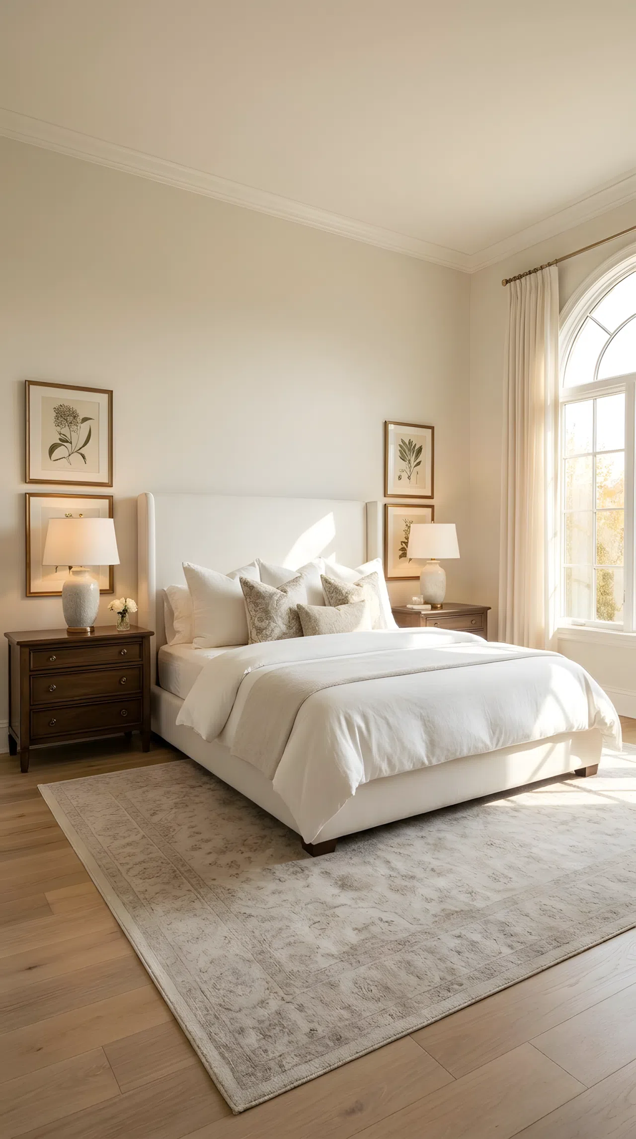 A luxury bed centered in the room with perfectly symmetrical matching nightstands, lamps, and framed art on each side, neatly made bedding, beautifully arranged and organized, bright natural light, real-life stock photography style, vibrant balanced tones, no people, no text overlay, Pinterest-ready composition.