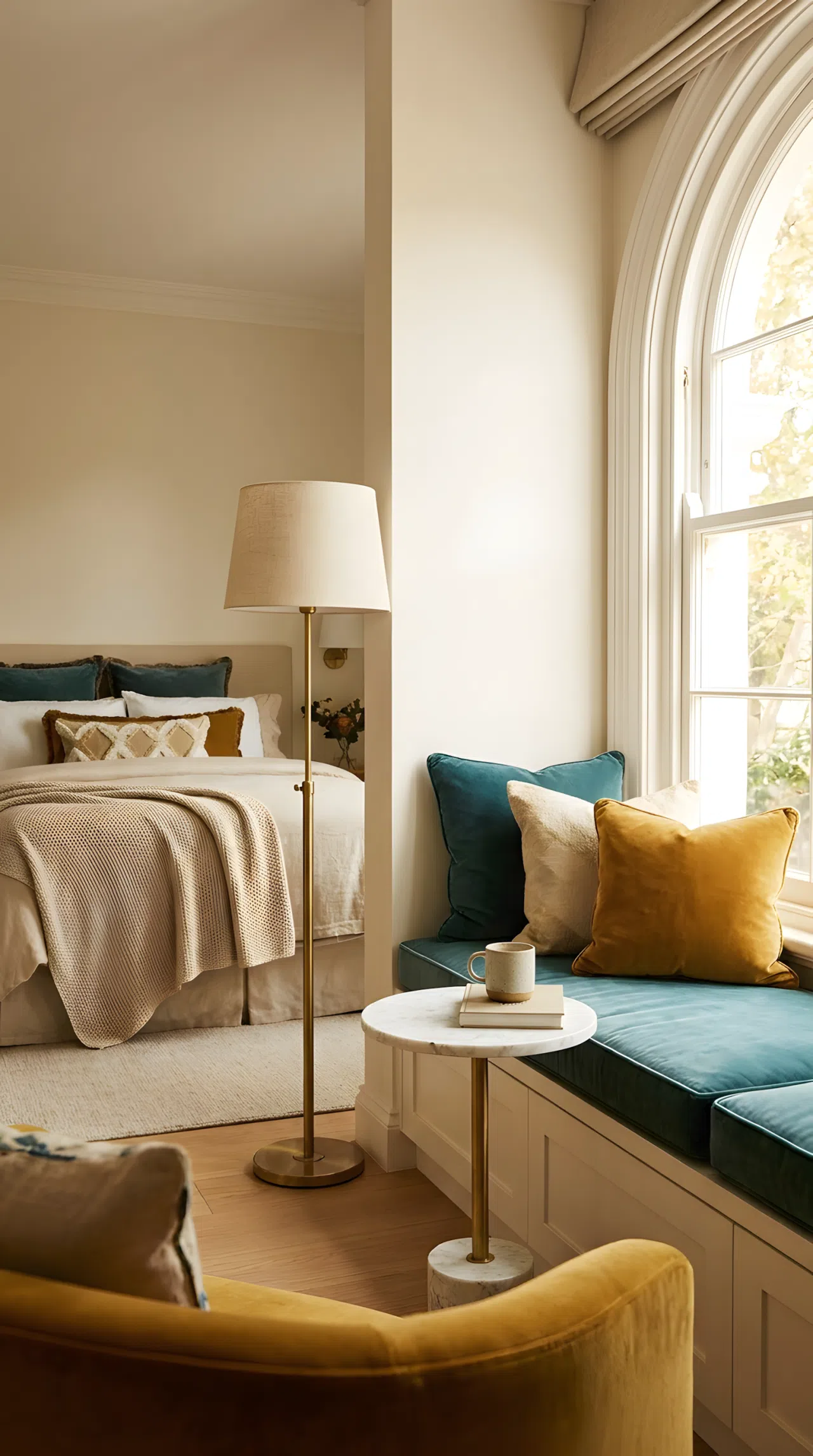 A window corner in a luxury bedroom with a built-in cushioned banquette, a small side table and floor lamp, a neatly made luxury bed visible in the background, beautifully arranged and organized, bright natural light, real-life stock photography style, vibrant tones, no people, no text overlay, Pinterest-ready composition.