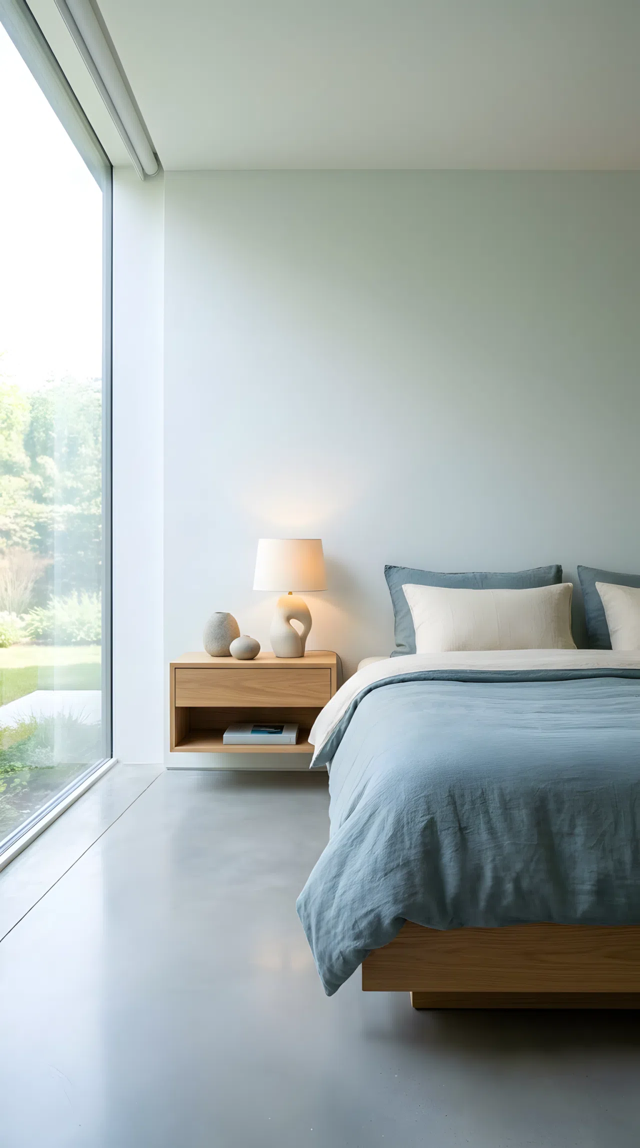 A neatly made luxury bed with minimalist nightstands holding only a single lamp and one small decor object each, an open clutter-free floor path, beautifully arranged and organized, bright natural light, real-life stock photography style, vibrant calm tones, no people, no text overlay, Pinterest-ready composition.
