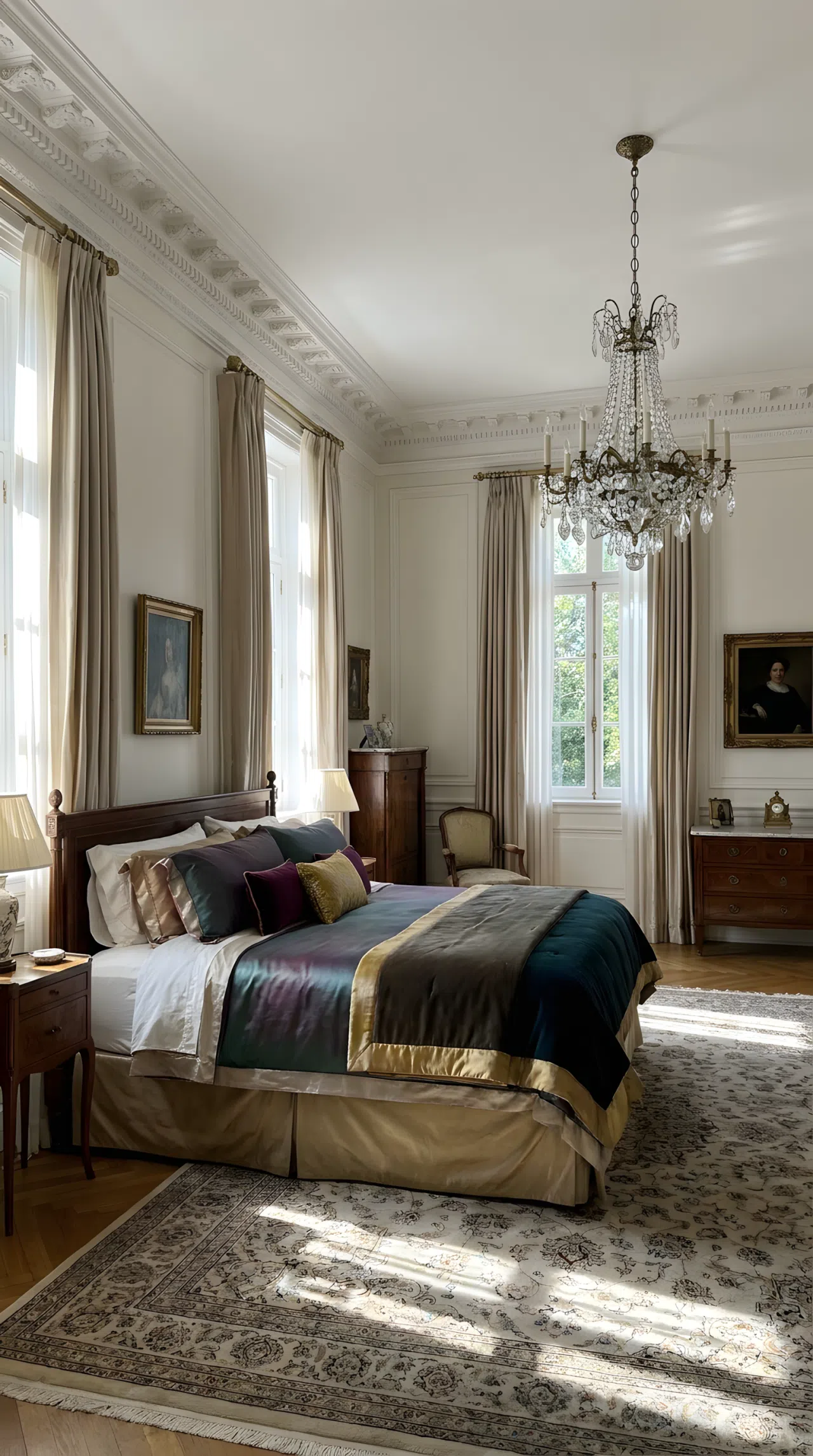 A neoclassical luxury bedroom with detailed crown molding, a statement crystal chandelier above a neatly made luxury bed, traditional trim details, beautifully arranged and organized, bright natural light, real-life stock photography style, vibrant elegant tones, no people, no text overlay, Pinterest-ready composition.