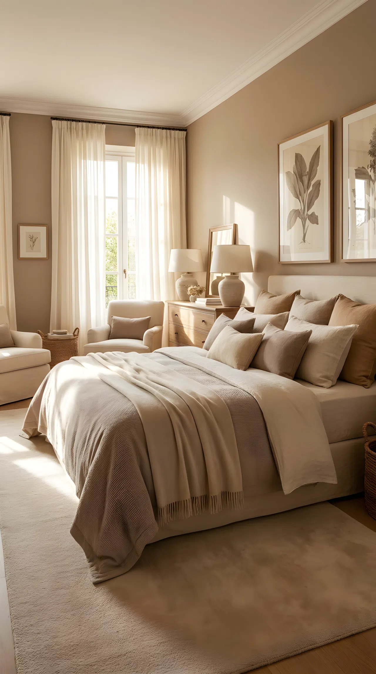 A luxury bedroom in a warm neutral tone-on-tone palette (RGB 210,180,140), a neatly made luxury bed layered in tan, cream, and taupe textiles, beautifully arranged and organized, bright natural light, real-life stock photography style, vibrant soft tones, no people, no text overlay, Pinterest-ready composition.