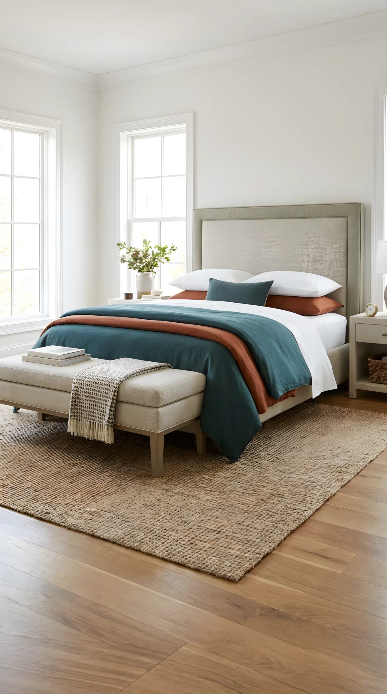 A neatly made luxury bed with a matching upholstered bench positioned at the foot of the bed, coordinated fabric tones, beautifully arranged and organized, bright natural light, real-life stock photography style, vibrant tailored tones, no people, no text overlay, Pinterest-ready composition.