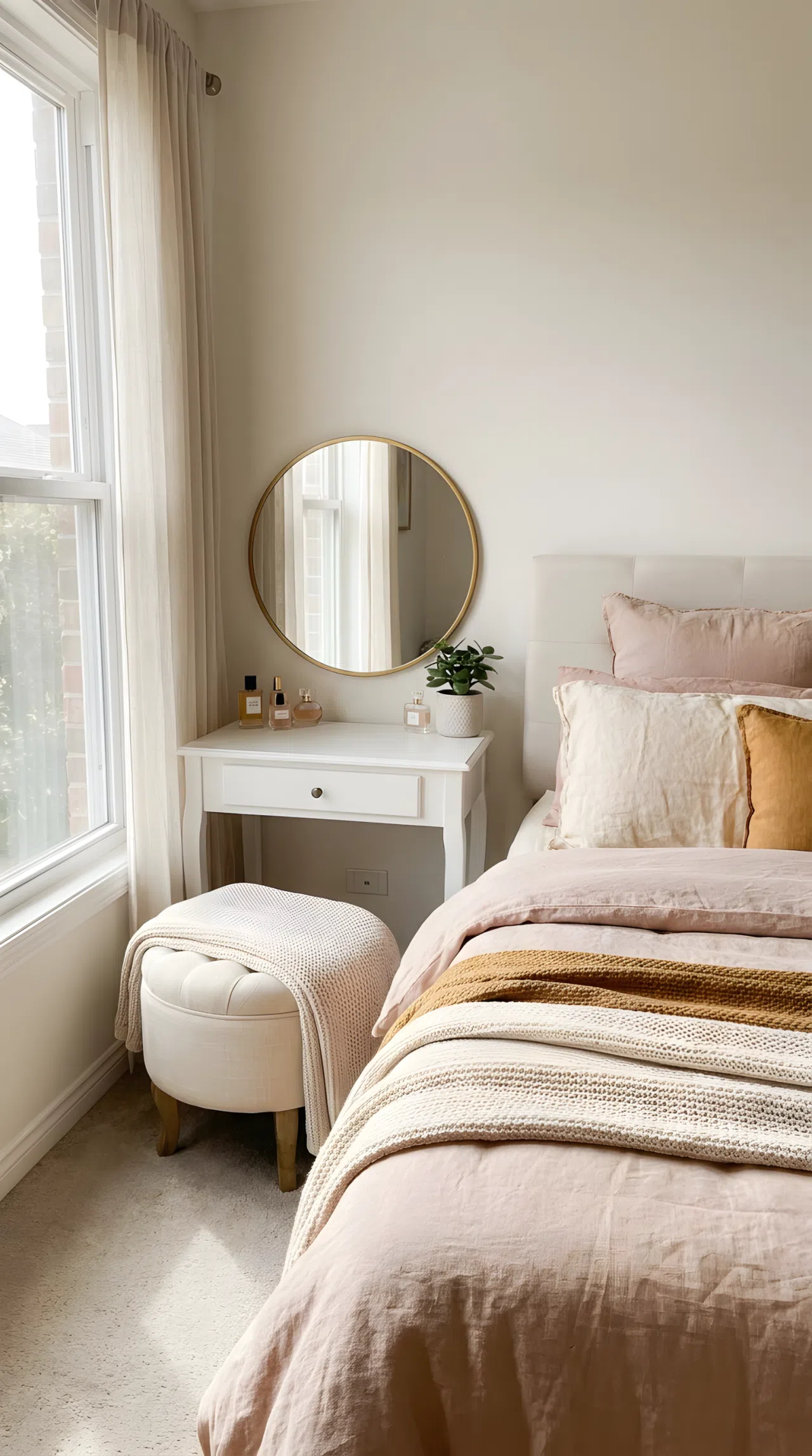 A bedroom corner with a small vanity table, round mirror, and cushioned stool near a window, a neatly made luxury bed visible nearby, beautifully arranged and organized, bright natural light, real-life stock photography style, vibrant soft tones, no people, no text overlay, Pinterest-ready composition.