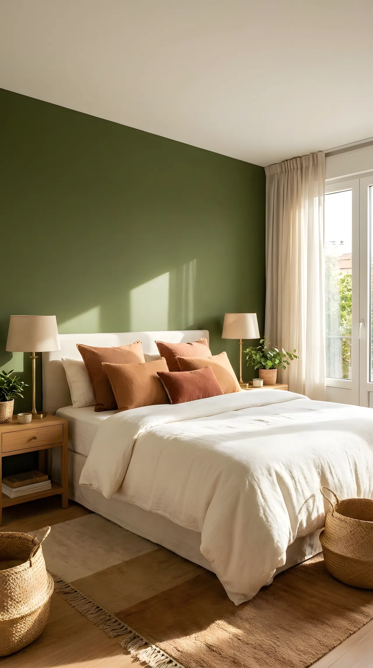 A luxury bedroom with a deep olive green accent wall (RGB 85,107,47) behind a neatly made luxury bed in creamy white linen, warm terracotta throw pillows, soft brass lamp accents, beautifully arranged and organized, bright natural light, real-life stock photography style, vibrant grounded tones, no people, no text overlay, Pinterest-ready composition.