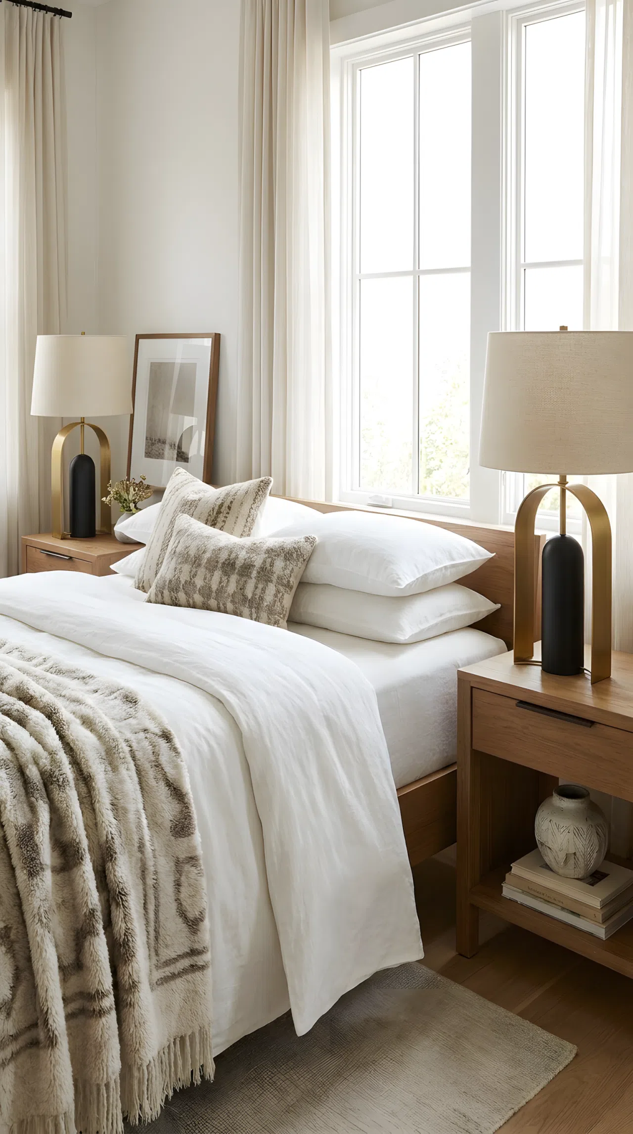 A neatly made luxury bed flanked by sculptural table lamps with curved brass and matte black mixed metal bases, beautifully arranged and organized, bright natural light, real-life stock photography style, vibrant tones, no people, no text overlay, Pinterest-ready composition.